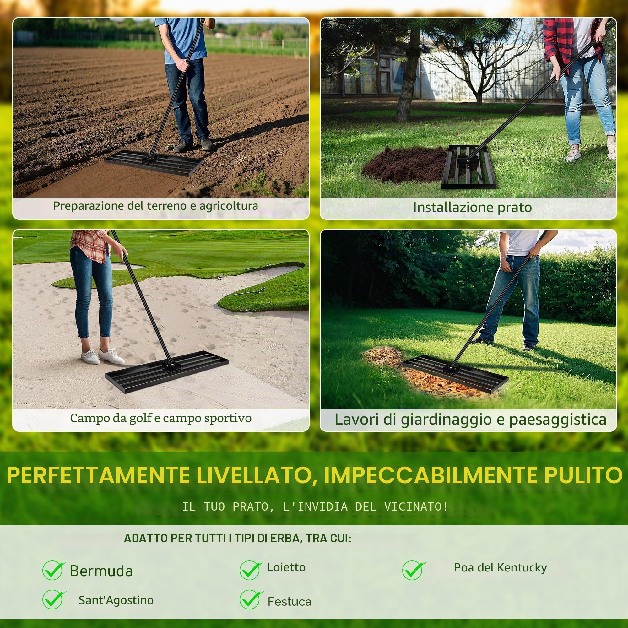 COZCLAM Rastrello livellatore per prato, strumento di tappeti erbosi pesanti, 90x30 cm, manico regolabile fino a 210 cm, spargitore terreno e sabbia