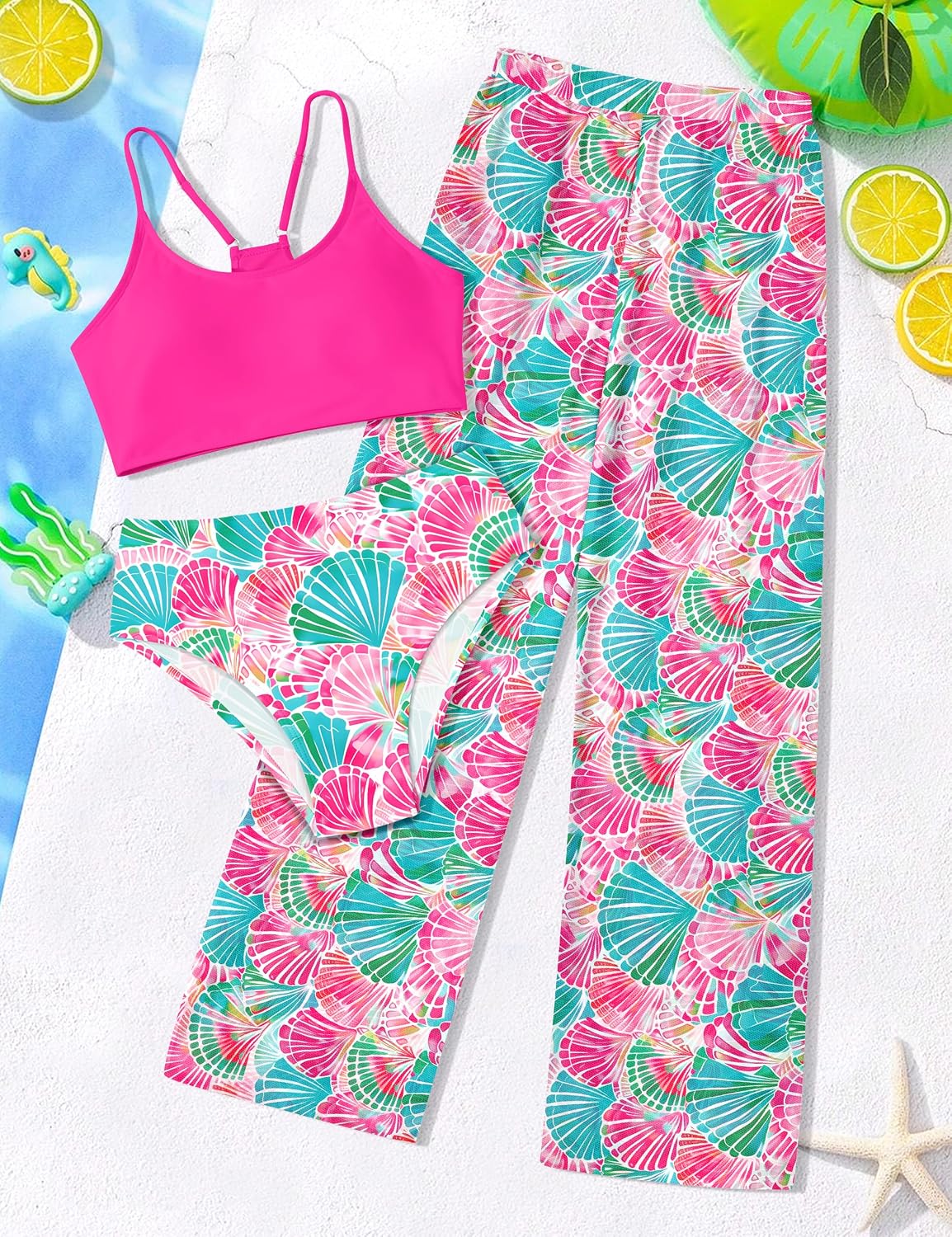 NECIOUS Girls Swimsuit, 3 Piece Bikini Bathing Suit Tropical Floral Swimwear with Cover Up Pants 7-16Y image 4