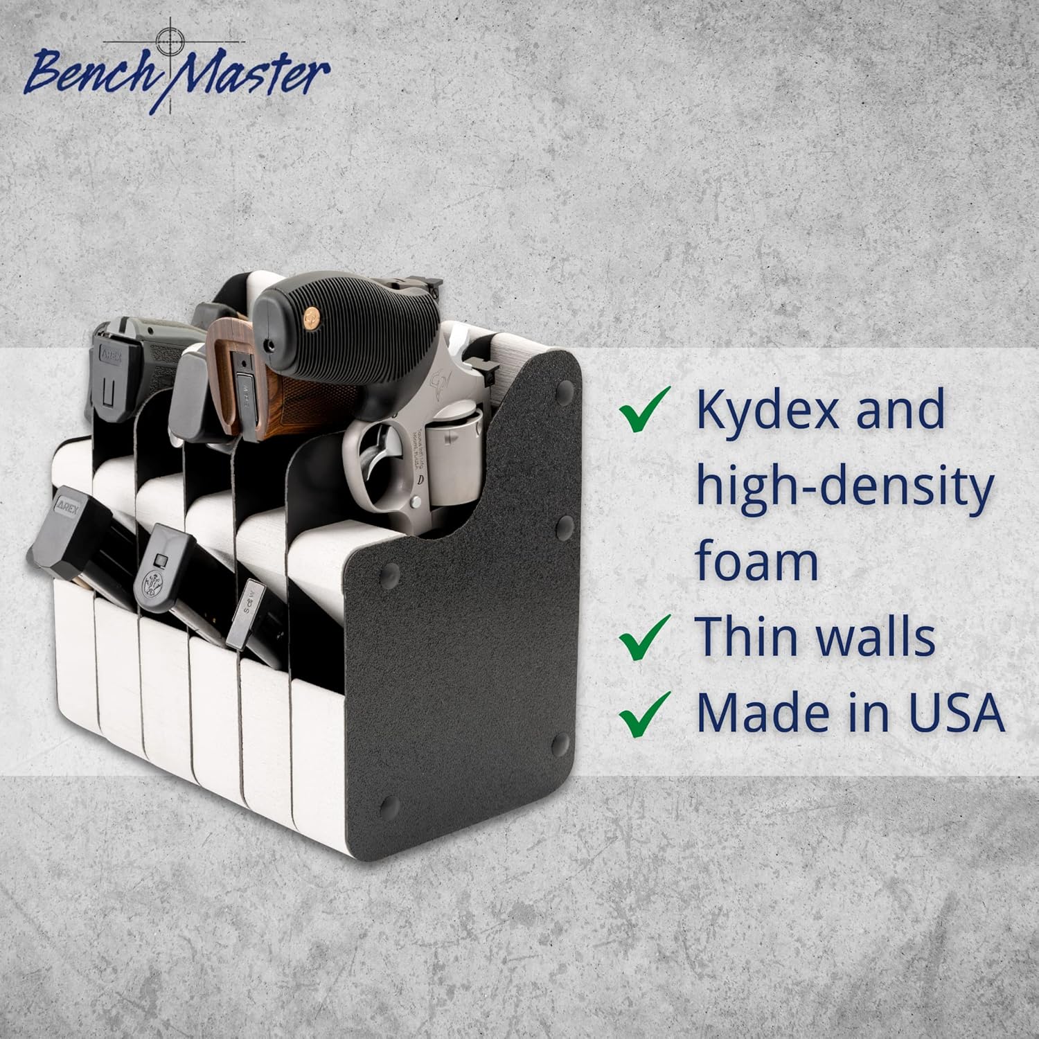 BenchMaster Vertical Pistol Rack, Handgun Safe Storage, Holds 6 Pistols, Secure Gun Holder Organizer, Kydex, High-Density Foam, No Metal, Sturdy, No Flex, Made in USA : Sports & Outdoors
