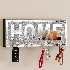 SHYFOY Crystal Clear Hooks Key Holder Key Hanger Sparkly Mirrored Home Letters Plaque Sign for Decor Silver Mirror