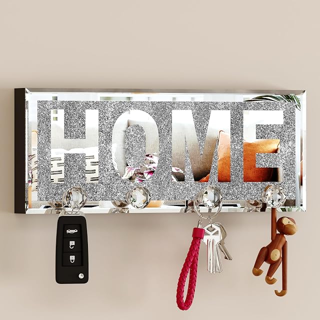 SHYFOY Crystal Clear Hooks Key Holder Key Hanger Sparkly Mirrored Home Letters Plaque Sign for Decor Silver Mirror