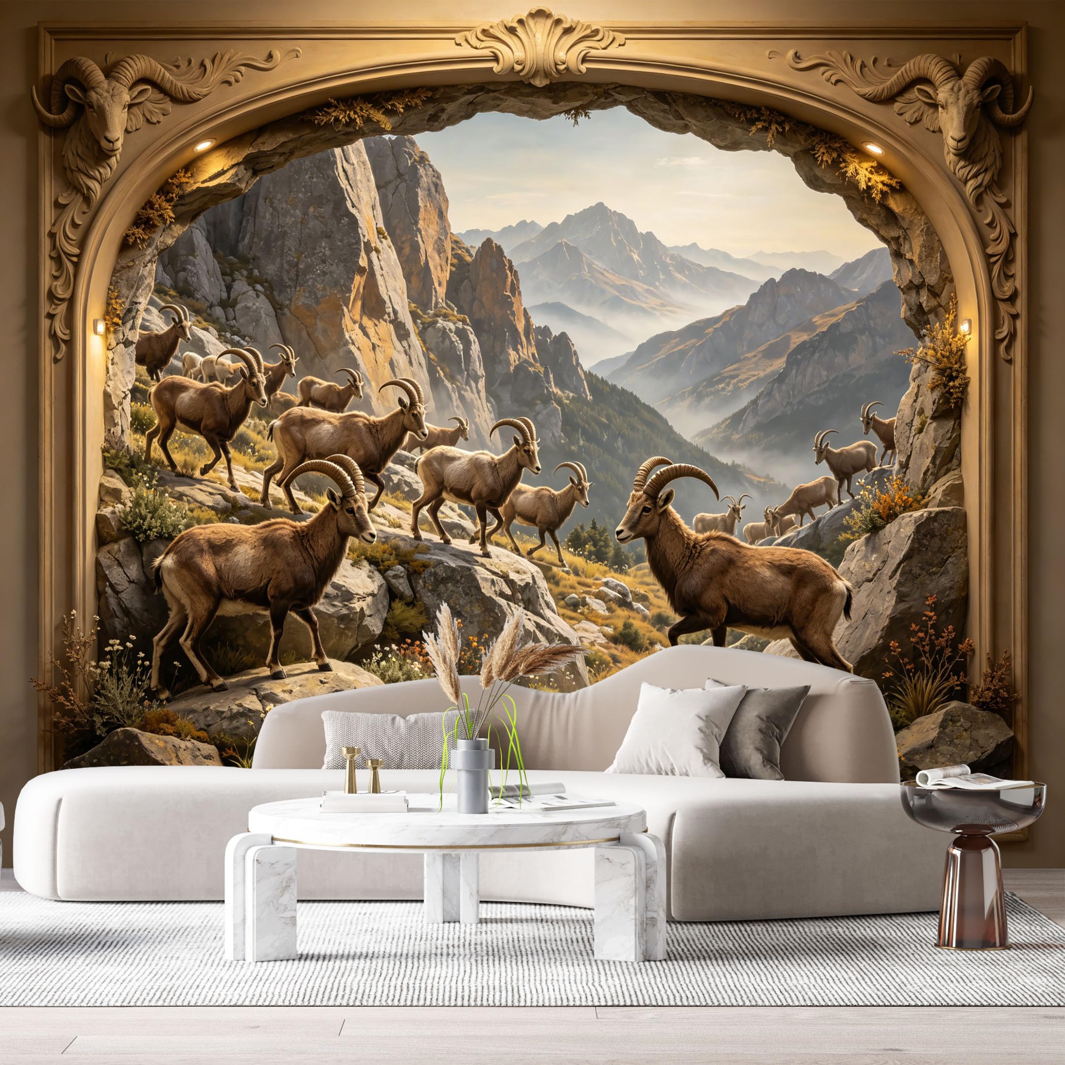 Custom Size Wall Mural Mountain Ibex Wildlife Landscape 3D Trompe L'Oeil SelfAdhesiveWall Fabric Removable Wallpaper Wall Decor for Living Room Bedroom Bathroom