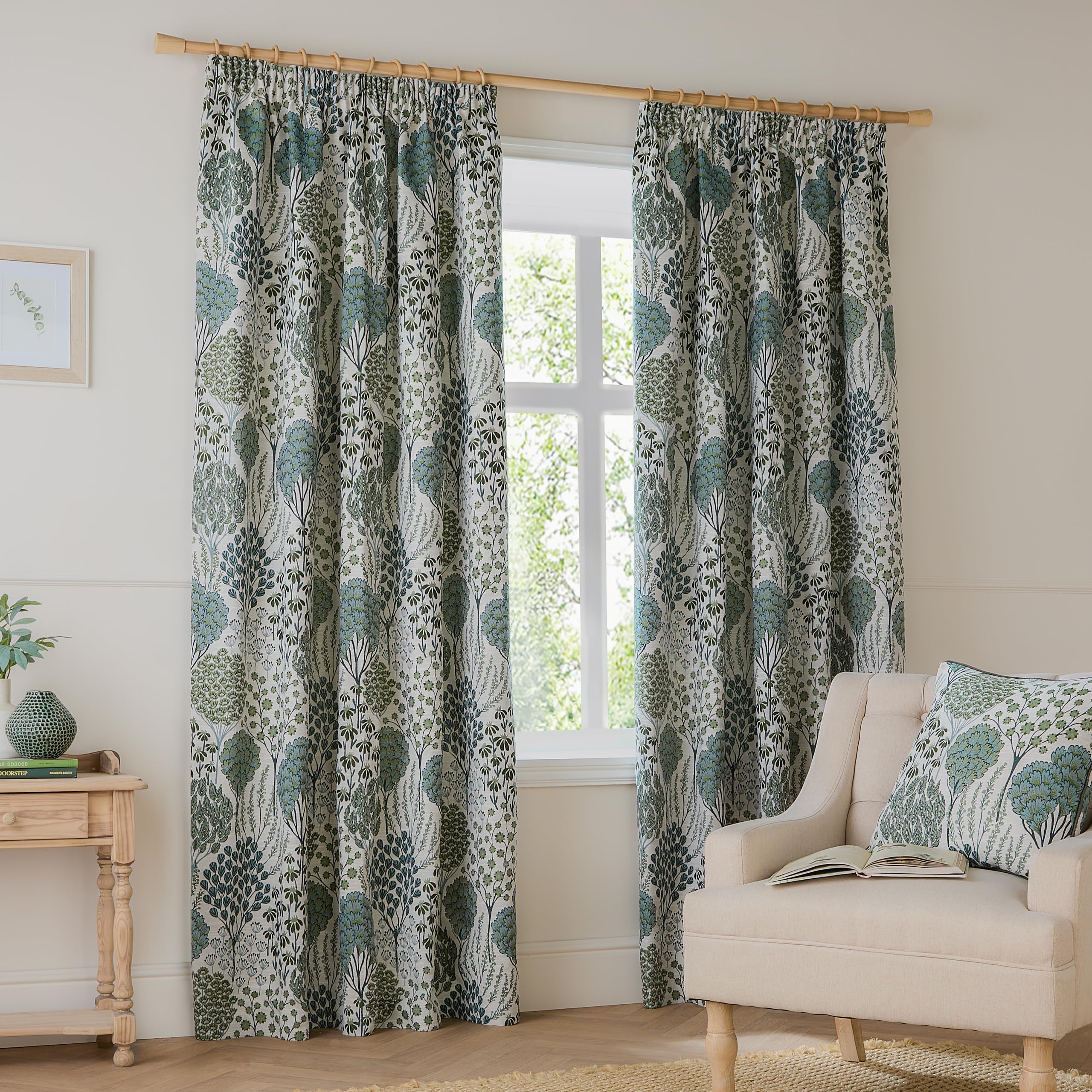 Wylder Ophelia Floral Room Darkening Pencil Pleat Curtain Pair in Green | Size: 229cm width x 183cm drop