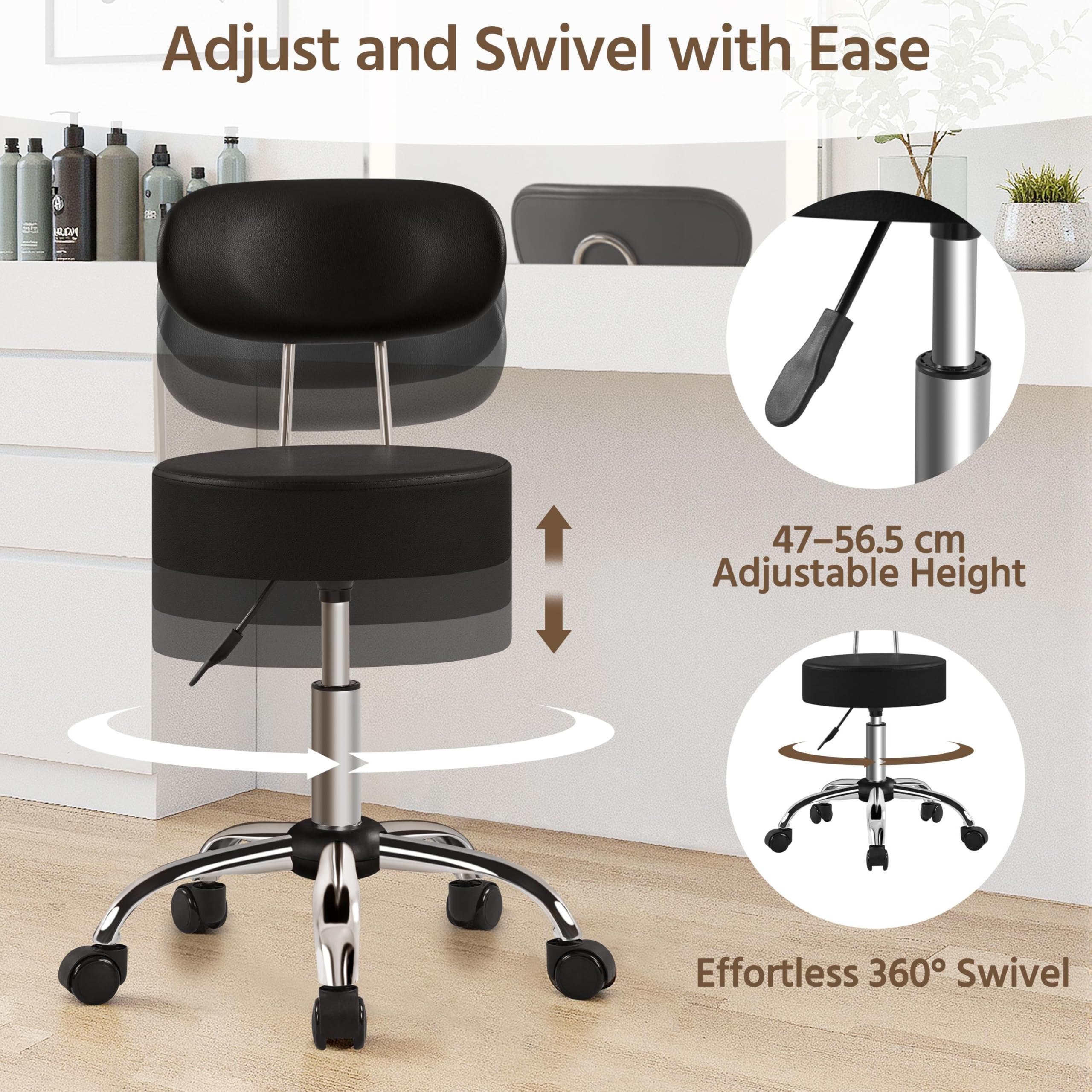 Yaheetech Taburete de Peluquería, Silla de Peluquería, Taburete Alto con Respaldo, Altura Regulable, Giratorio 360º, para Manicura, Pedicura, Tatuajes Negro