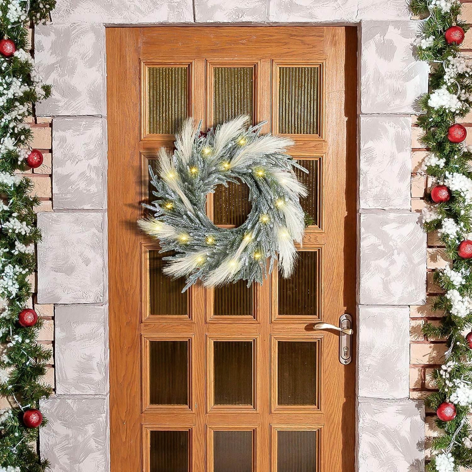 Juexica 19.7 Inch Lighted Christmas Wreaths for Front Door Flocked Norfolk Pine Wreaths with Boho Pampas Grass White Coastal Xmas Decor for Indoor Outdoor Wall Window Home Xmas Seasonal Decor
