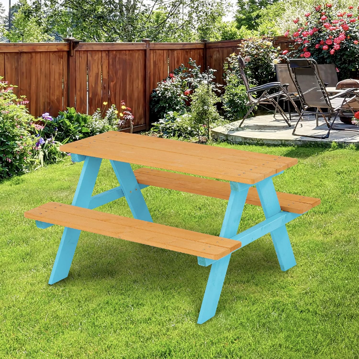 Teamson Kids - Wooden Outdoor Child Picnic Table, Children Kids Picnic Table & Chair Bench Set, Toddler Outdoor Seating - Wood/Aqua : Patio, Lawn & Garden