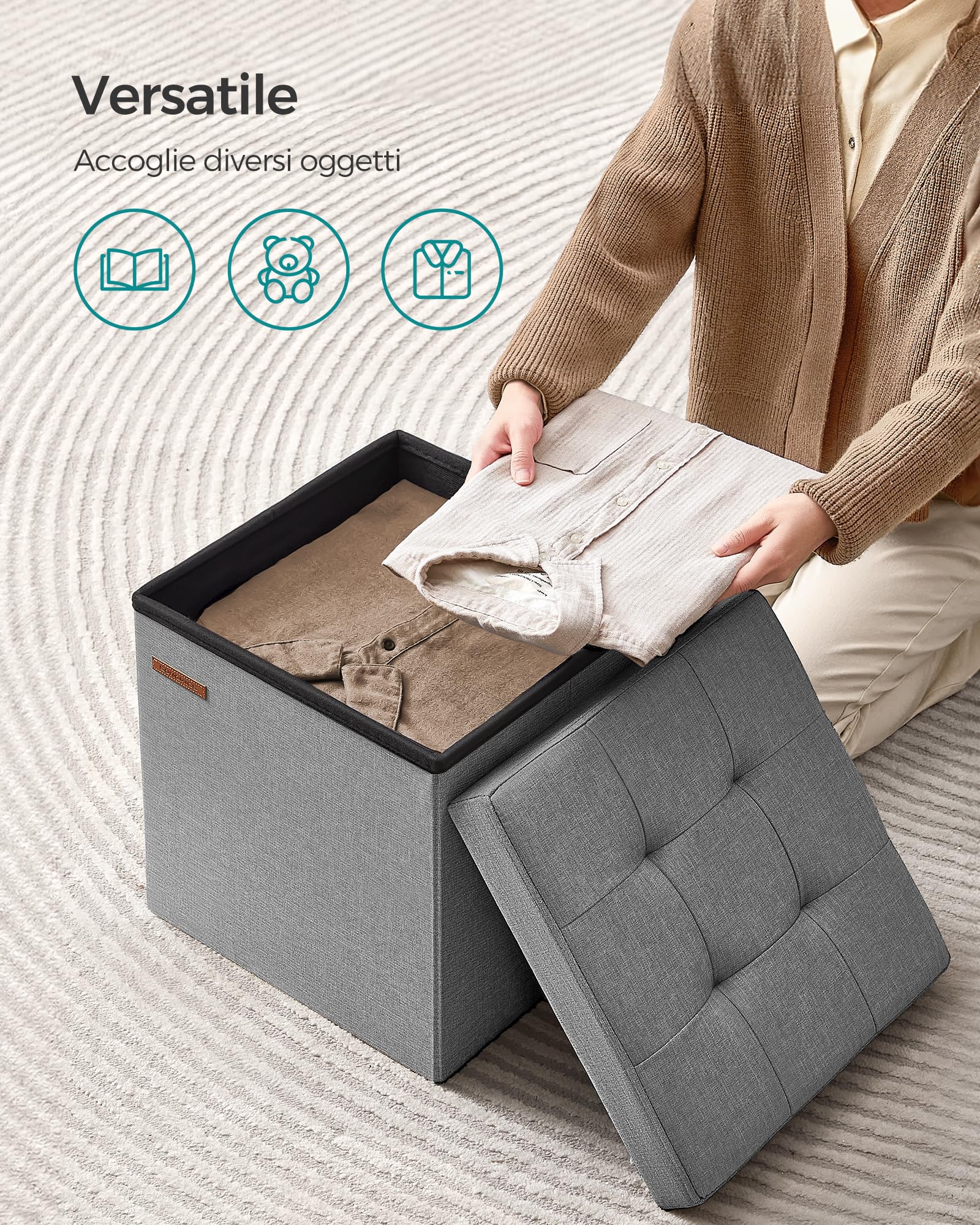 SONGMICS Pouf Contenitore da 38 cm, Cassapanca Pieghevole, Panca Contenitore, Poggiapiedi, per Camera da Letto Ingresso Soggiorno, Grigio Cenere LSF027G12