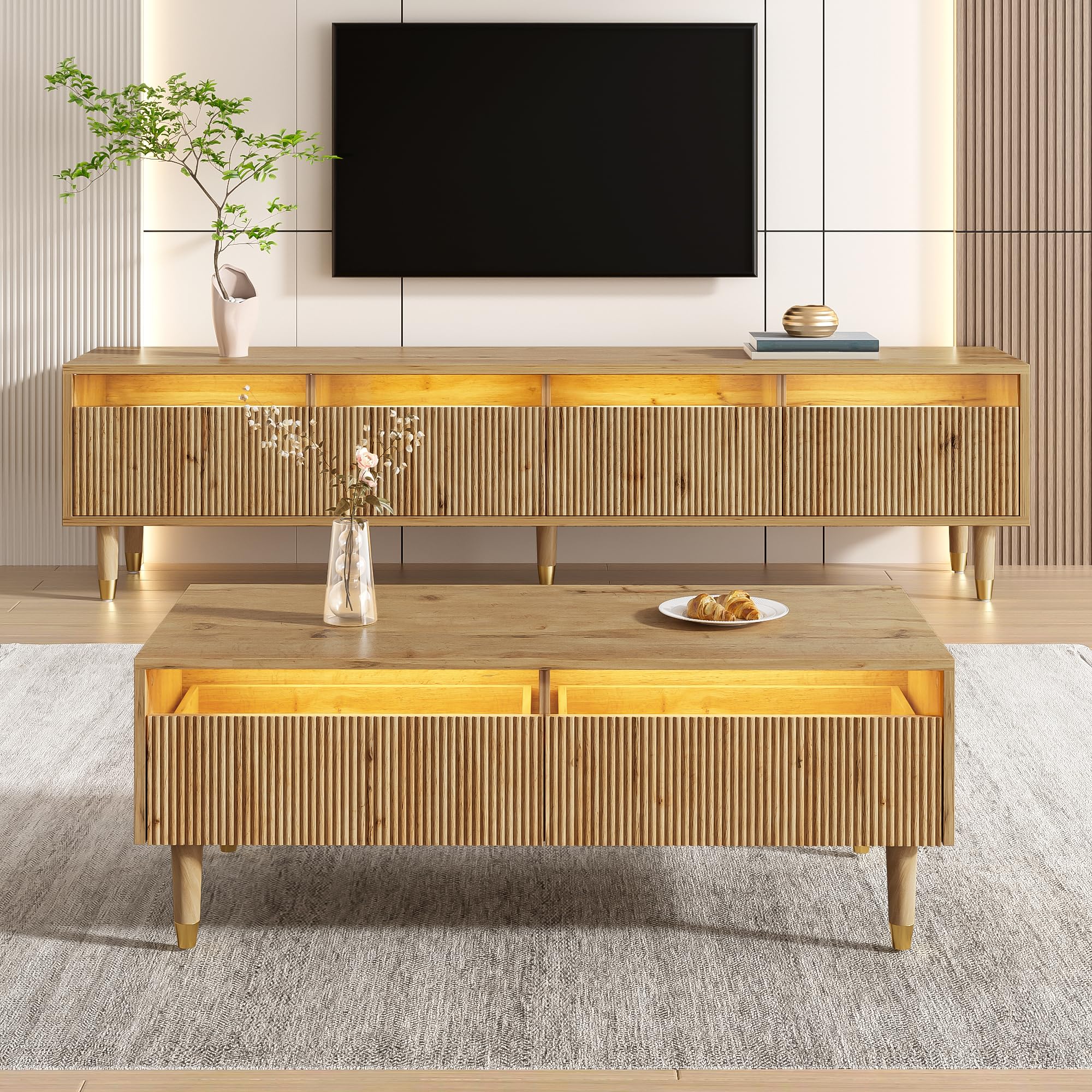 Kebnor Moderno juego de muebles LED: mueble de TV con 4 puertas y mesa de café con 2 cajones, diseño de madera dorada, iluminación LED, estructura ondulada y frontal acrílico (juego de muebles 110 x