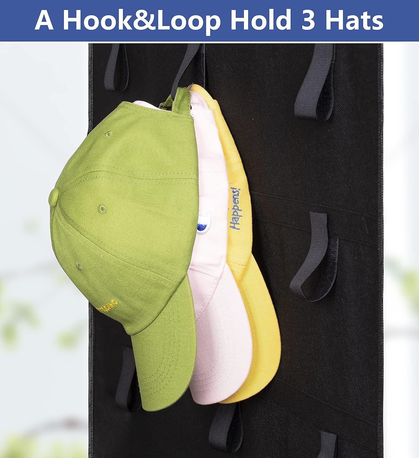 AOODA Hat Organizer for Baseball Caps Over the Door Hat Storage 24 Hook & Loop Hat Rack For Wall Display Snapback Cap Holder, Black