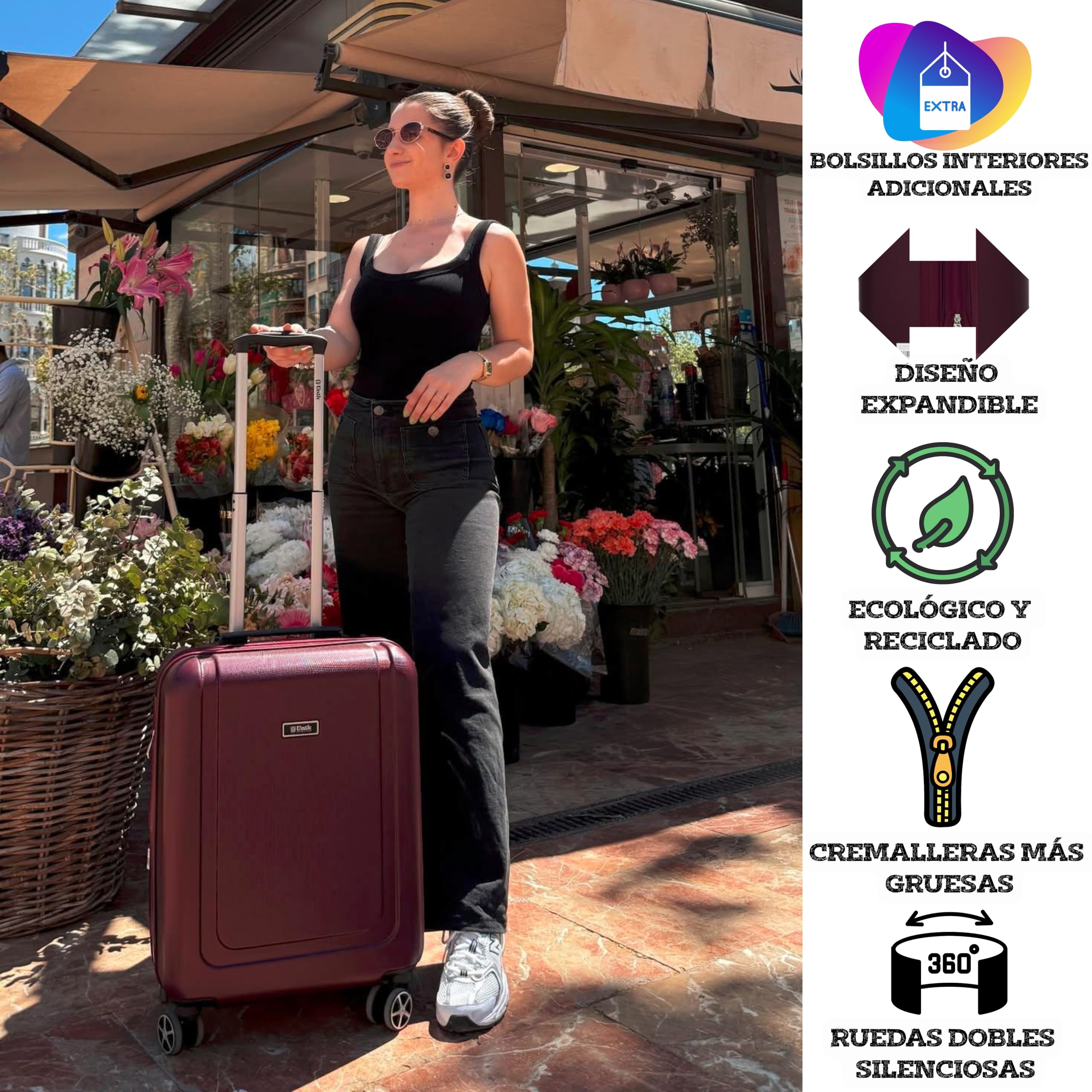 Maleta de Viaje Grande 77cm 28" Expandible – Rígida ABS Ecológica, 4 Ruedas Dobles 360°, Ligera y Resistente, Cerradura de 3 Dígitos Integrada, Interior con Forro de Poliéster – Burdeos- Unik