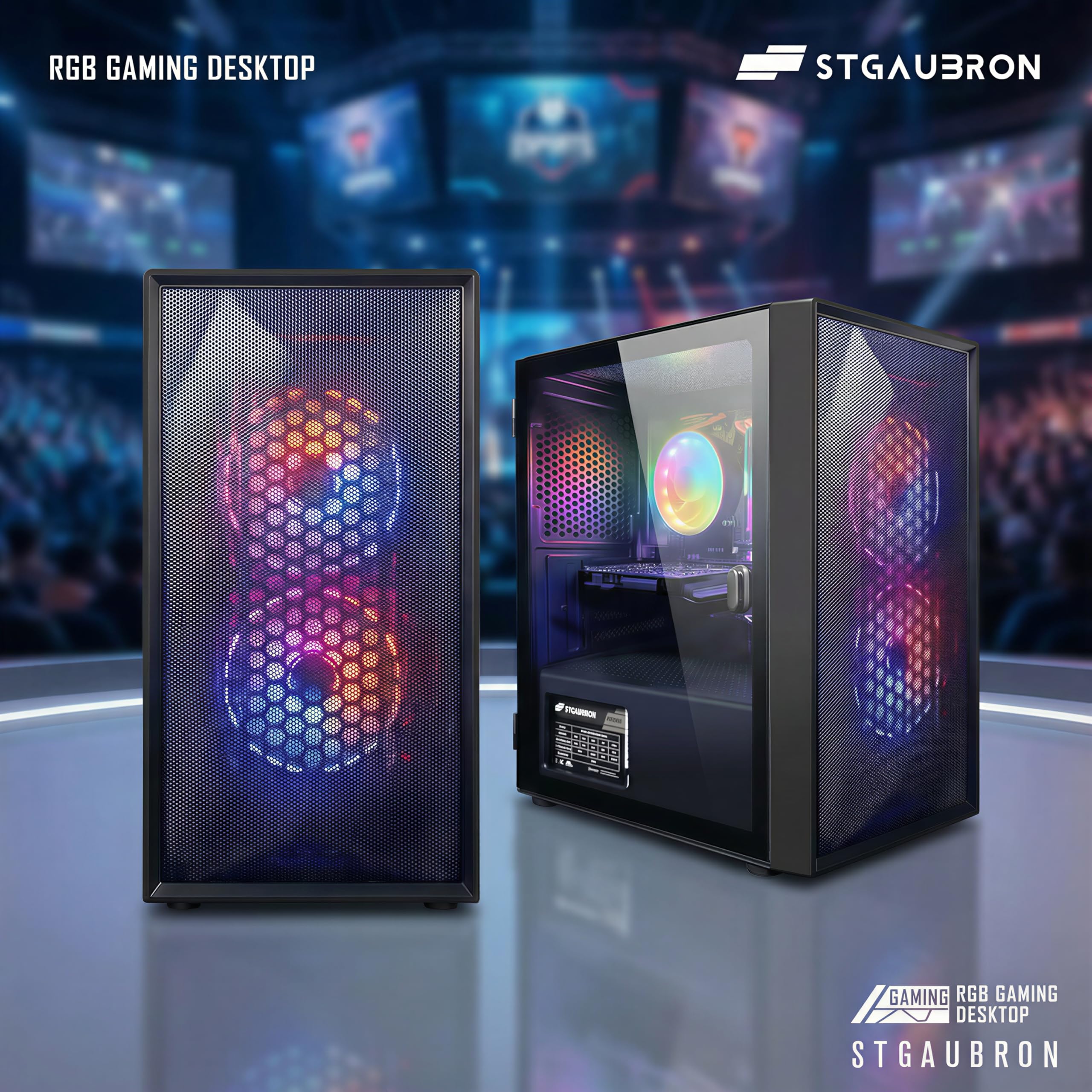 STGAubron Gaming PC Computer Desktop, Intel Core i5 up to 3.6G, Radeon RX 550, 16G RAM, 512G SSD, WiFi 6, BT 5.0, RGB Fan x2, Windows 11 Home