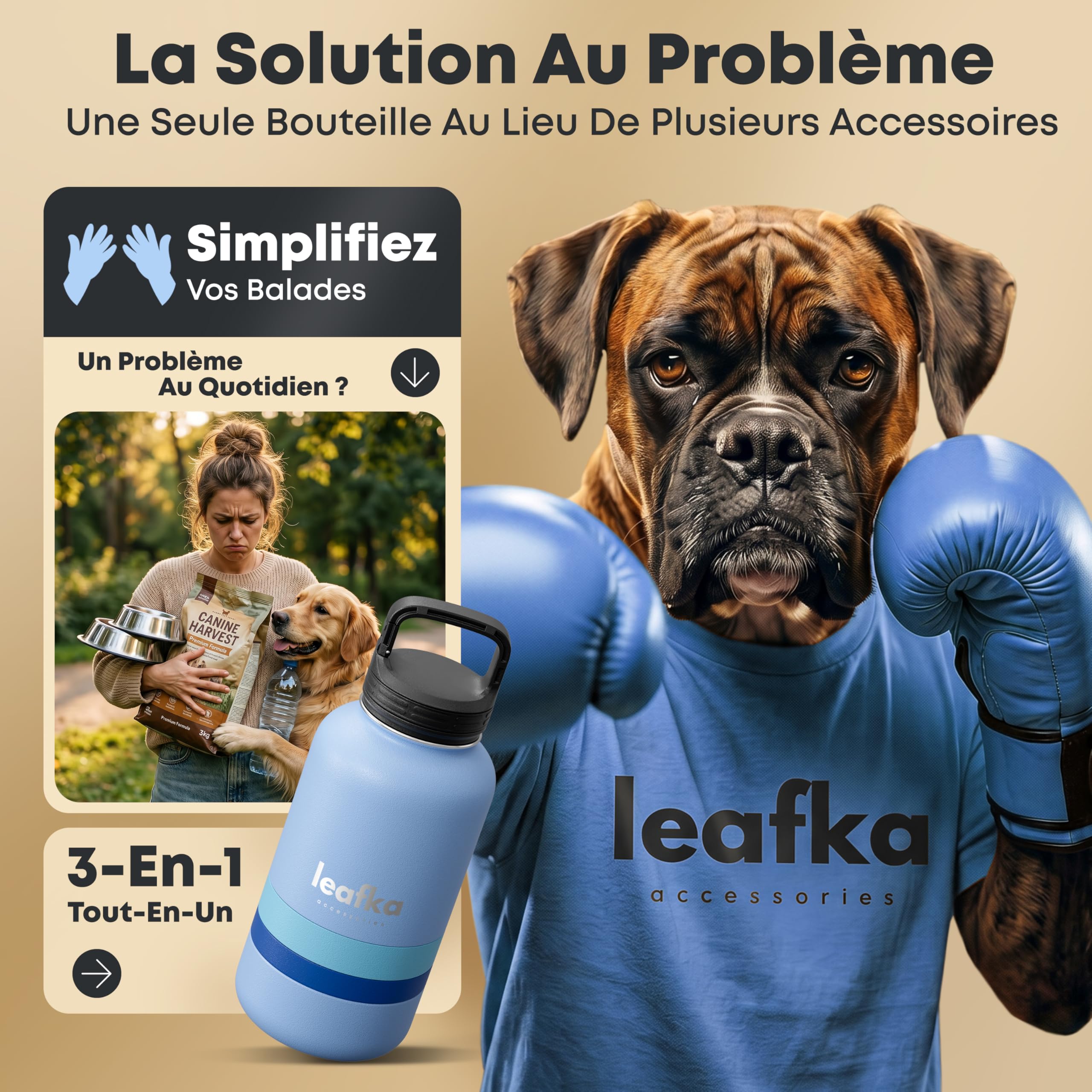 Bouteille pour Chien 3 en 1 avec Gamelle Eau et Compartiment Croquettes, Gourde de Voyage Portable pour Chien et Chat, Bouteille Transport Eau et Nourriture pour Animaux - 1L (Bleu)