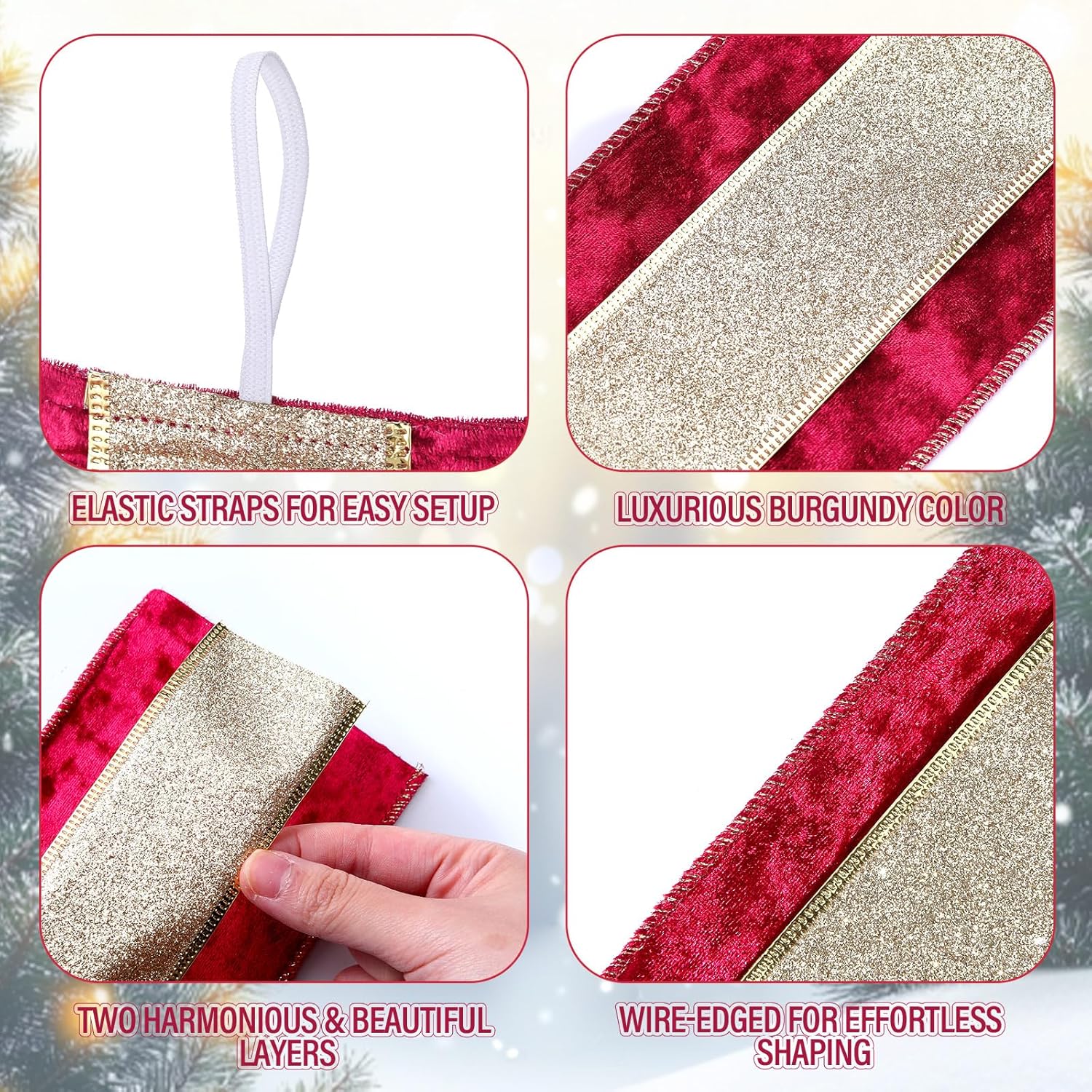 12 Pack Simply 30'' Two-Layer Christmas Tree Ribbon Wrap Christmas Velvet Ribbon Wide Wired 2 w Gold and 4 w Red Ribbons with Metallic Trim, Xmas Tree Wreath Bow Party Decoration DIY Crafts
