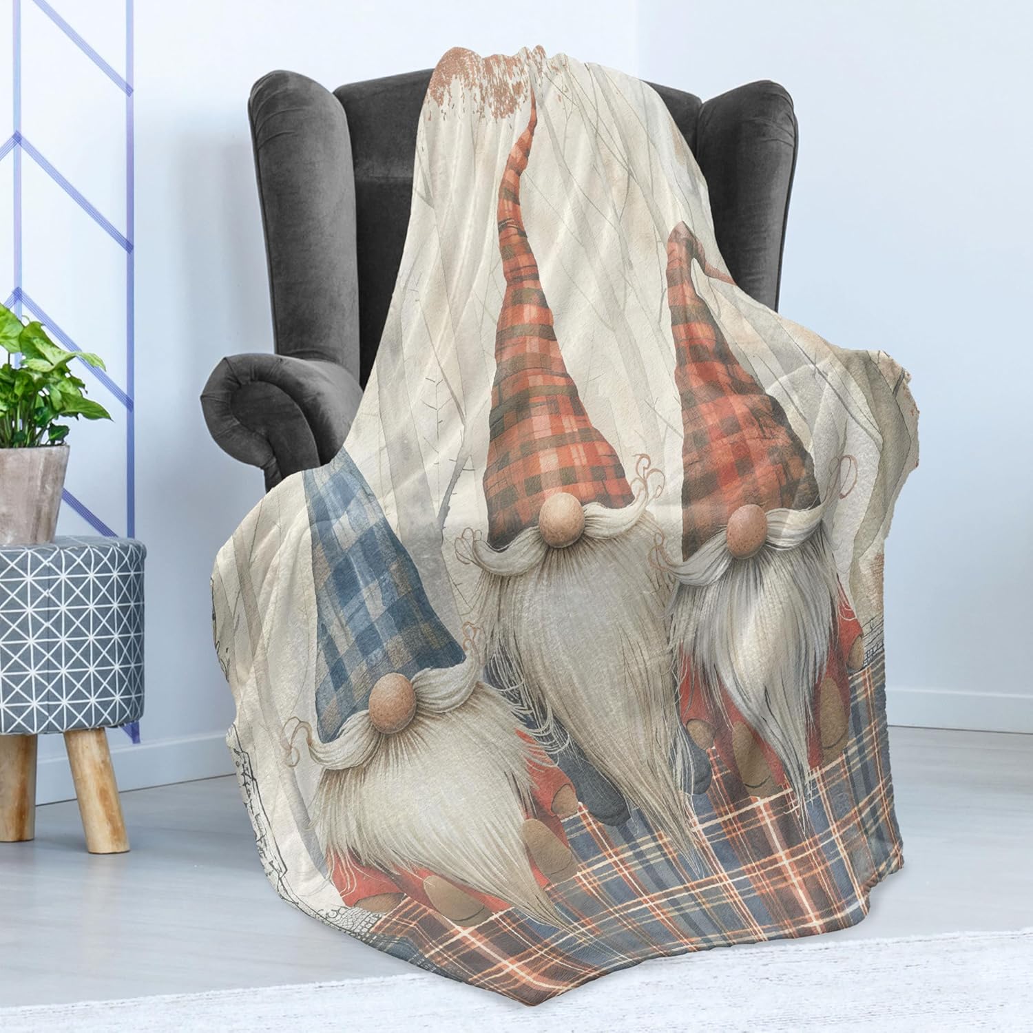 Ambesonne Christmas Throw Blanket, Gnomes with Plaid Hats Print Whimsical Xmas Elves Santa's Helpers, Flannel Fleece Accent Piece Soft Couch Cover for Adults, 50" x 70", Blue Brown Burnt Sienna