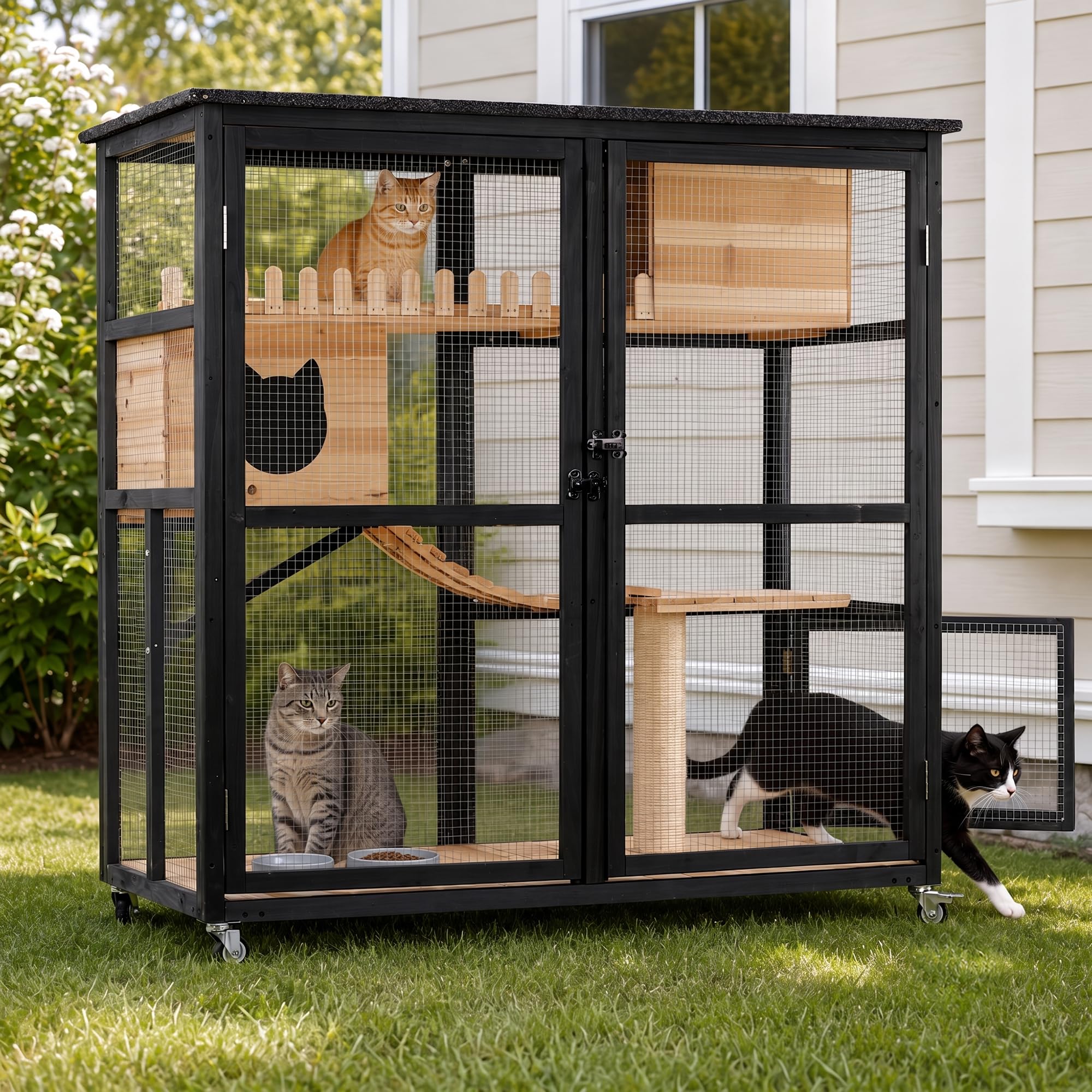 View 1 of ***STOCK PHOTO FOR REFERENCE ONLY**Cat Catio Outdoor Cat Enclosure, Multi-Level Wooden Cat House with Wheels