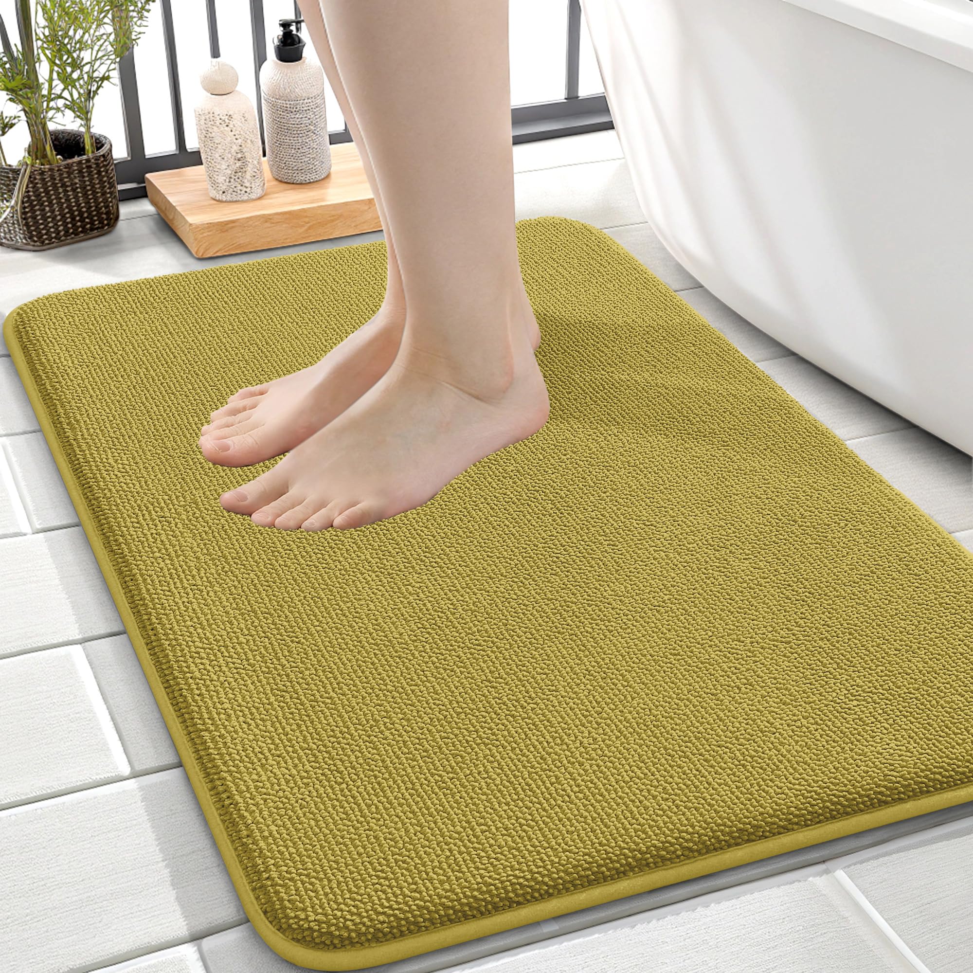 OLANLY Memory Foam Small Bathroom Rugs 24x16, Absorbent Mat, Deep Mustard