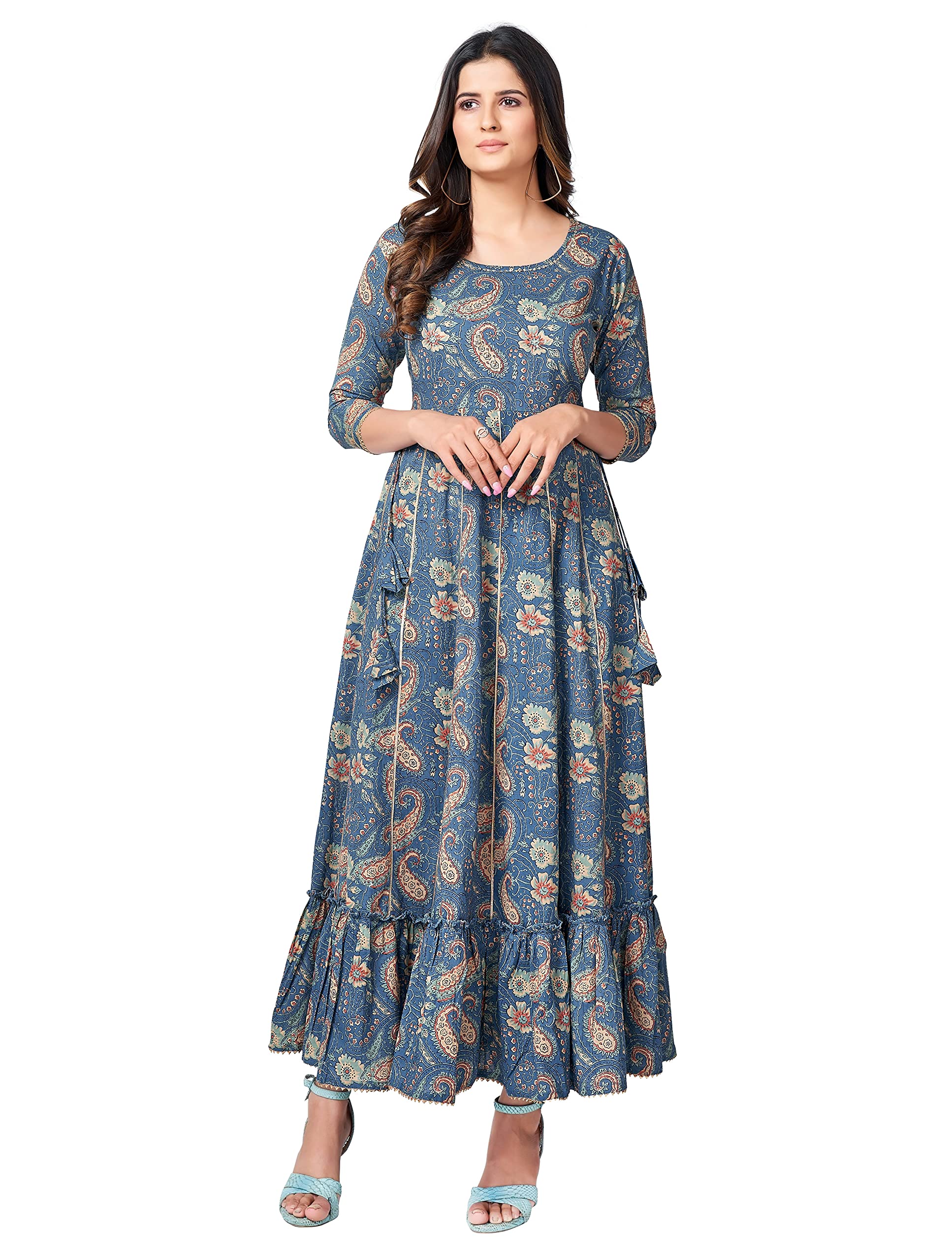 Vbuyz Women's Printed & Mirror Work Anarkali Cotton Baby Pink Kurta with Pant & Dupatta (VF-KU-1062-SKD)