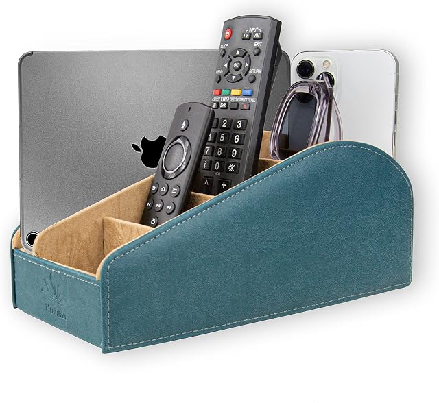 Homeze Leather Remote Control Holder and Caddy Organizer Stand for TV Remote and Table Top