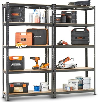 VonHaus Garage Shelves 5 Tier - Heavy Duty Garage Racking with Massive 875kg Capacity, 175KG per Shelf - Durable Metal Shelving for Garage, Shed and Workshop Storage - 150cm x 75cm x 30cm - 2 Pack