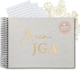 JGA Fotoalbum echtes Leinen-Hardcover inkl. 10x Gästekarten - Fotos einkleben & Glückwünsche - Goldprägung Vintage-Stil Brautparty - 42 Blankoseiten ohne Fragen (Mein JGA/Spiralalbum Leinen)