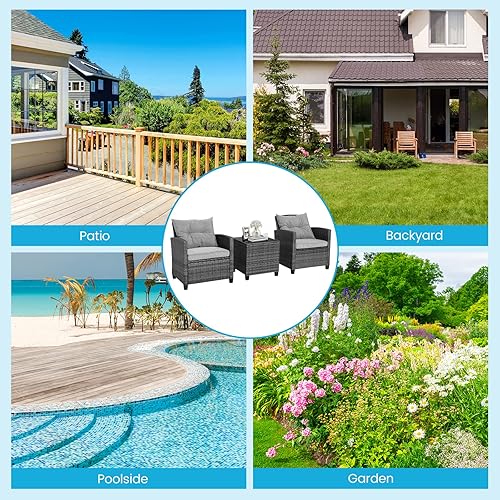 Miniatura 5 de HAPPYGRILL Juego de muebles de patio de 3 piezas juego de conversación de ratán de polietileno para exteriores con cojines extraíbles sofás de