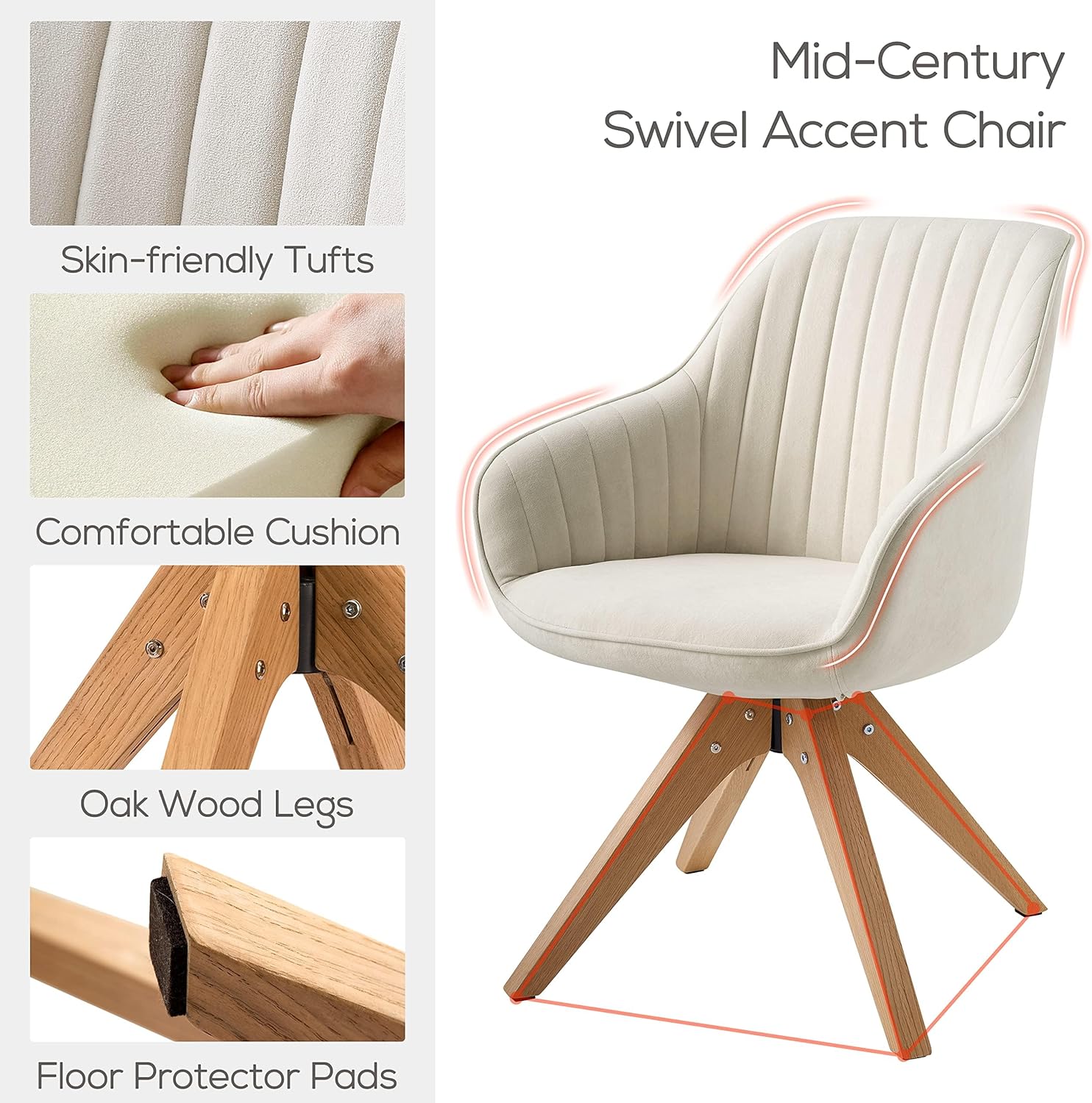 Art Leon Mid Century Modern Dining Chair - Fabric Upholstered Swivel Dining Chair, Kitchen Dining Room Chair with Oak Wood Legs, Leisure Side Chair with Arms, Off White