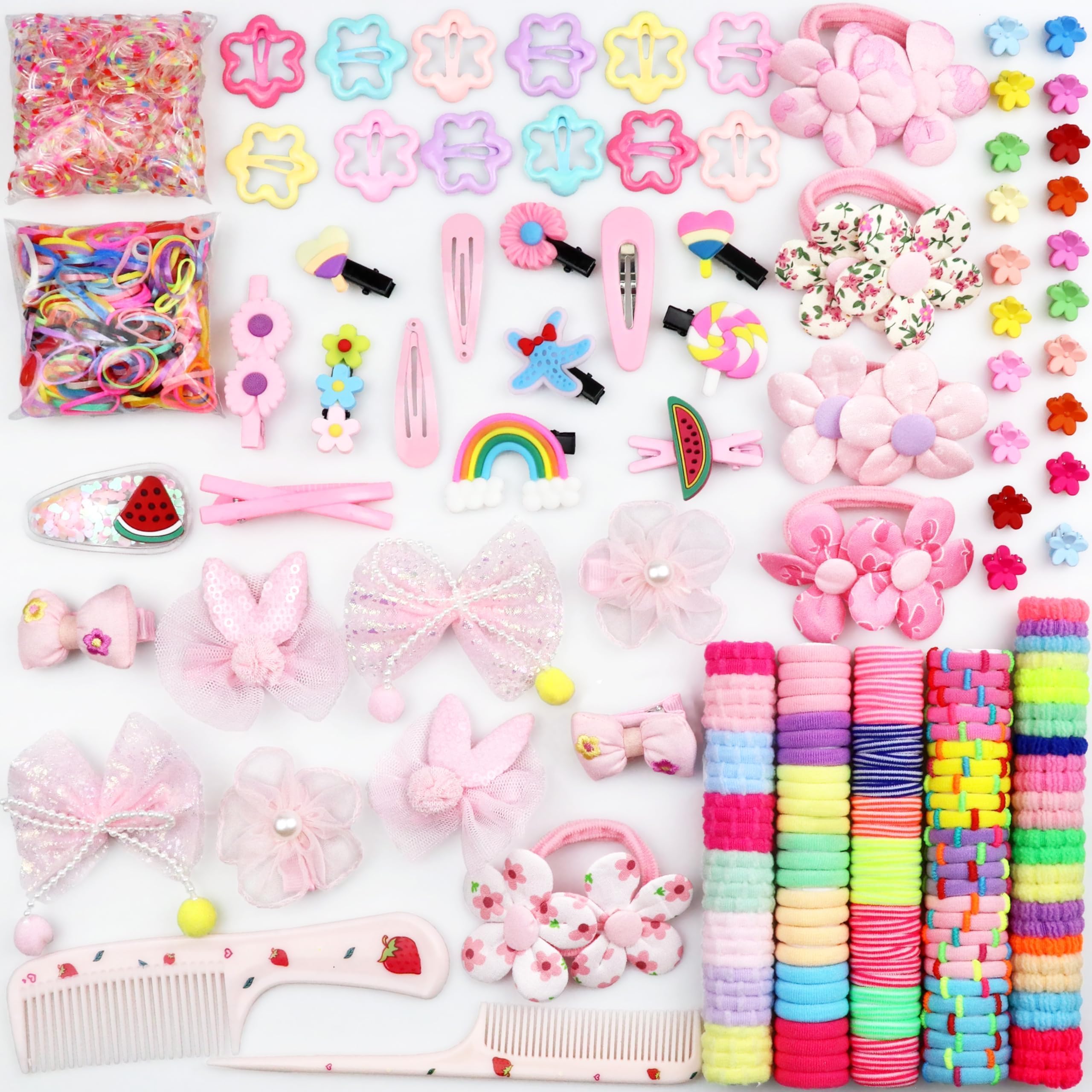 818Pcs Baby Girls Hair Ties Seamless Cotton Elastics Hair Bands Colorful Mini Rubber Tie Bow Hair Clips Flower Claws Assorted Ponytail Holders Soft for Thin Hair Braids Kids Toddler Little One