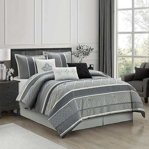 Miniatura 2 de Grand Avenue Juego de edredón geométrico gris tamaño California King, juego de ropa de cama jacquard de 7 piezas, ultra suave, fundas a juego, falda