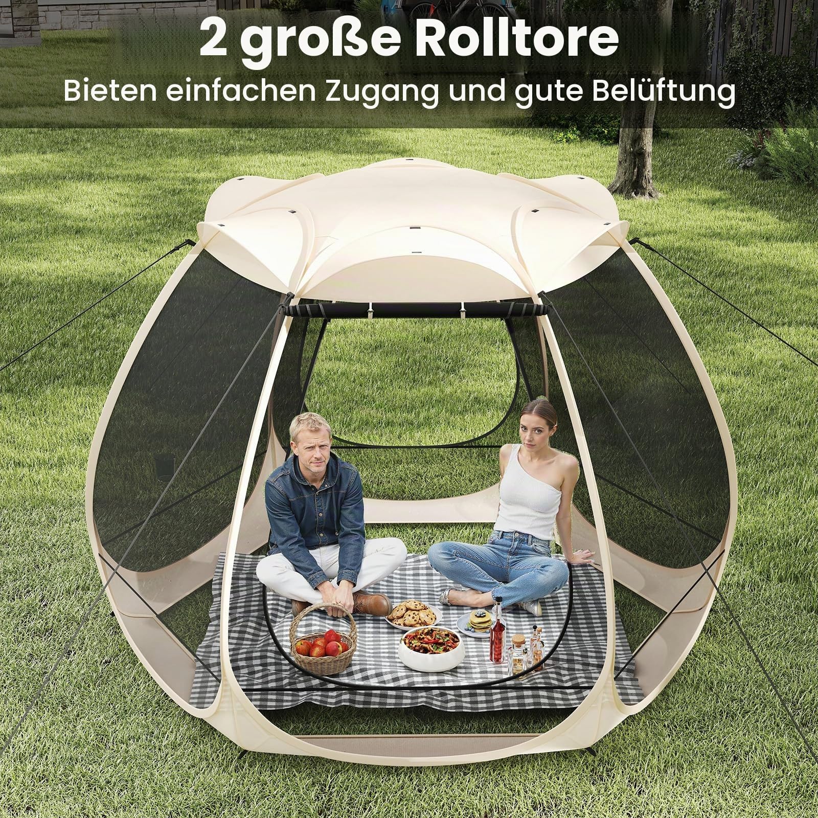 FANTASK Pop-Up-Zelt, faltbares Pavillon mit Rundum-Mesh & Tragetasche & Sonnendach, Sonnenschutzzelt für 4–6 Personen, Campingzelt Screen House für Garten, Terrasse, Hinterhof