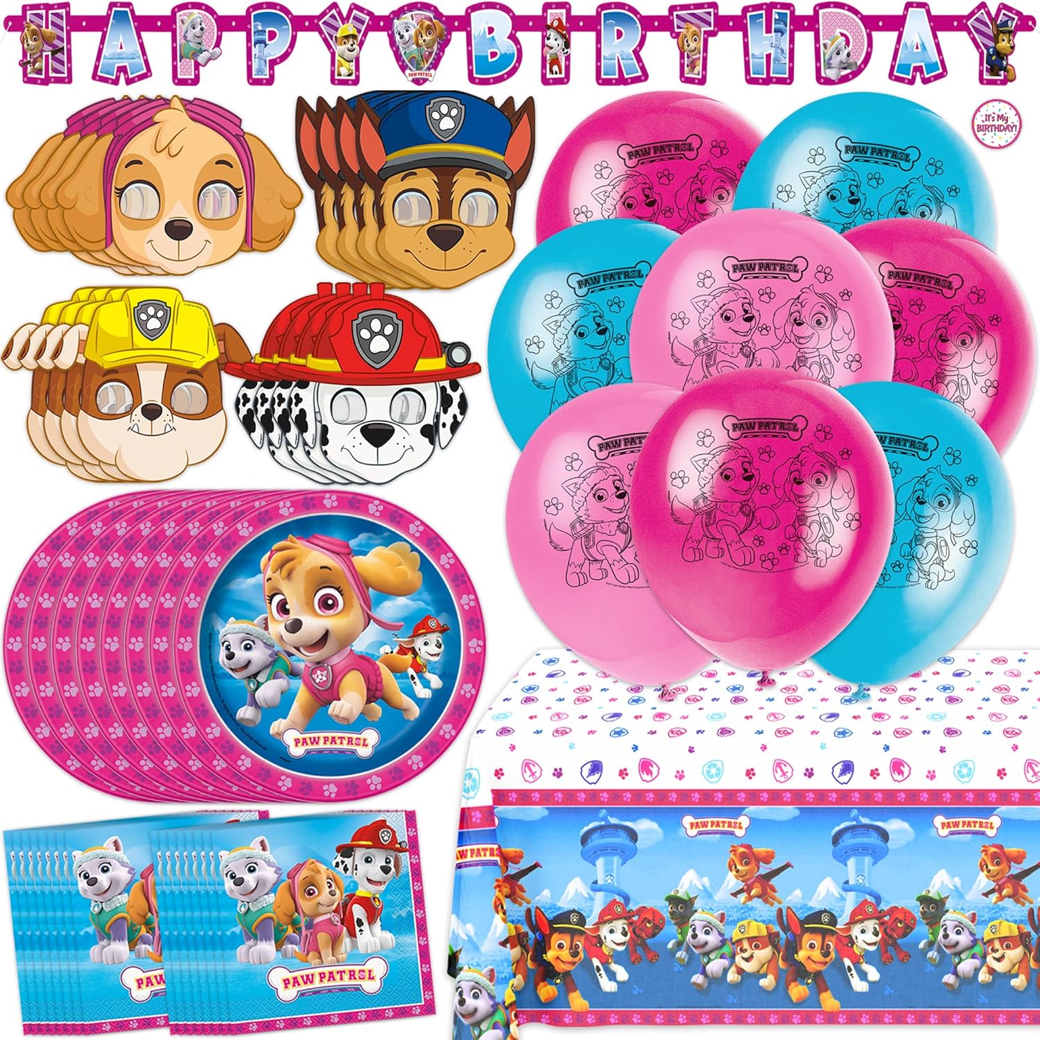 Skye Paw Patrol Birthday Decorations | Serves 16 | Pink Banner, Tablecloth, Balloons, Plates and Napkins, Character Masks, Sticker | Paw Patrol Party Decorations for Girls