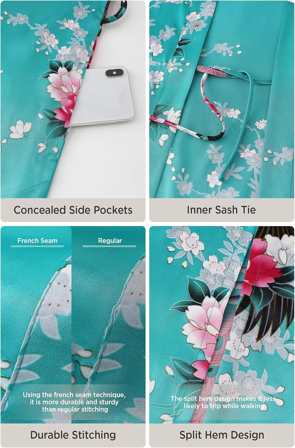 BABEYOND Women's Kimono Robe Long Satin Robes with Peacock and Blossoms Printed Kimono Nightgown - Image 5