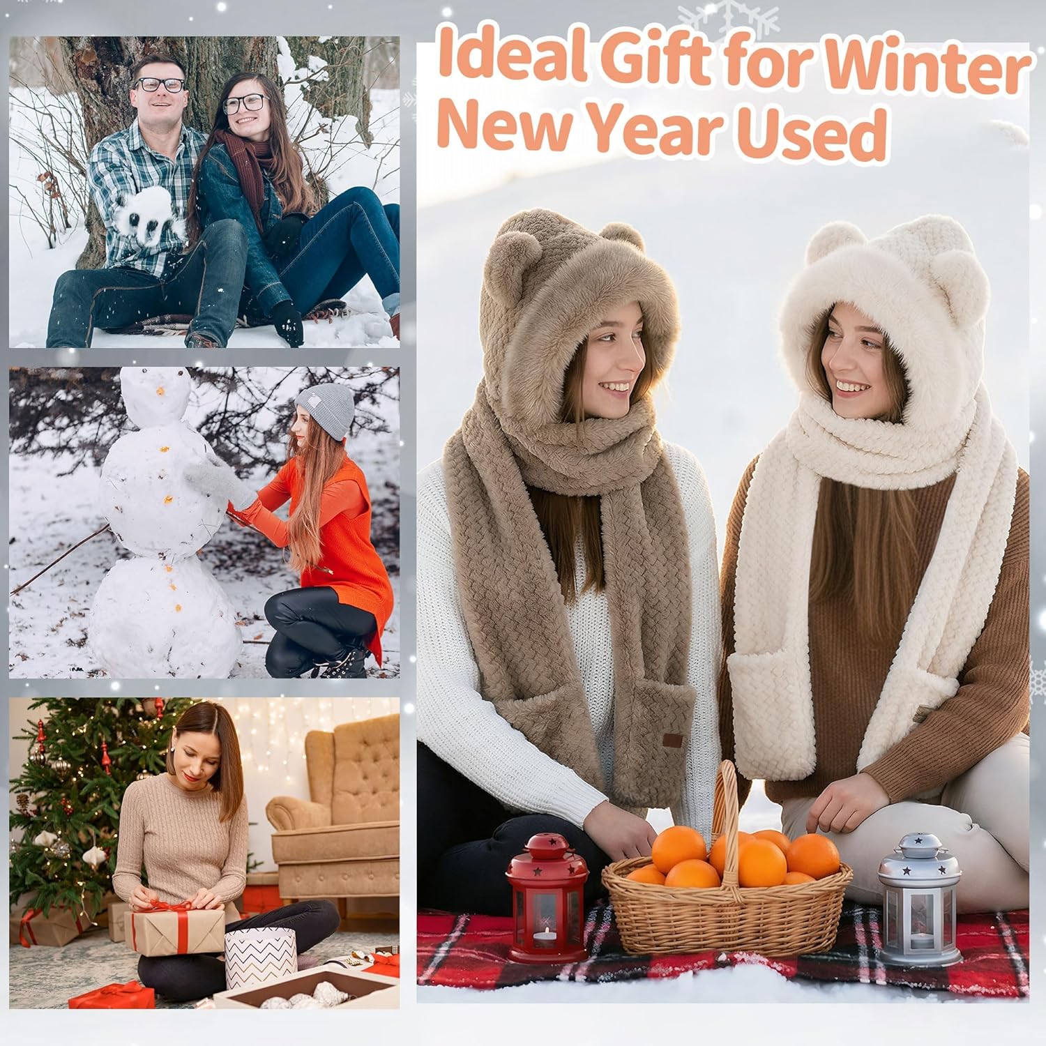 Babalet Hooded Scarf for Women, Winter 3-In-1 Fleece Scarf Hats, Cute Bear Ear Hooded Scarfs Beanie and Gloves - Image 7