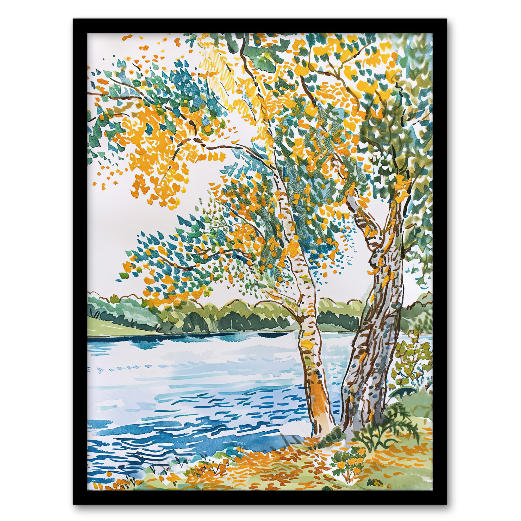 Artery8 Seine Paris River Bank Autumn Tree Watercolour Living Room Artwork Framed Wall Art Print A4