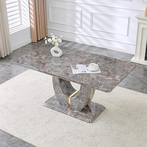 Miniatura 21 de JUFU Mesa de comedor de mármol sintético de 63 pulgadas para 6, moderna mesa rectangular de cocina y comedor, parte superior de MDF con aspecto de