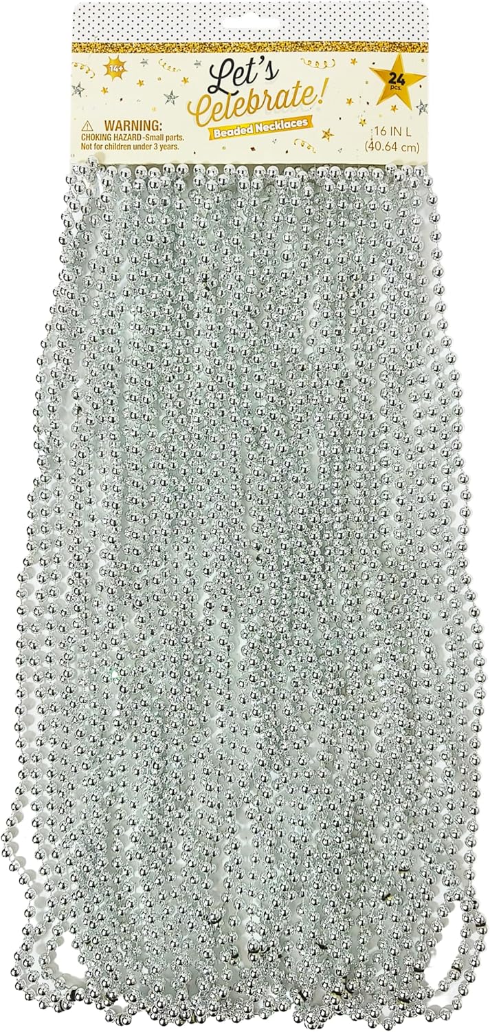 LUV HER Silver Metallic Beaded Necklaces 24-Pack – 33 Inch Long Party Accessories for Girls & Women – Fun Dress-Up & Pretend Play – Perfect for New Year’s Eve, Disco Nights, Weddings & Graduation Celebrations image 5