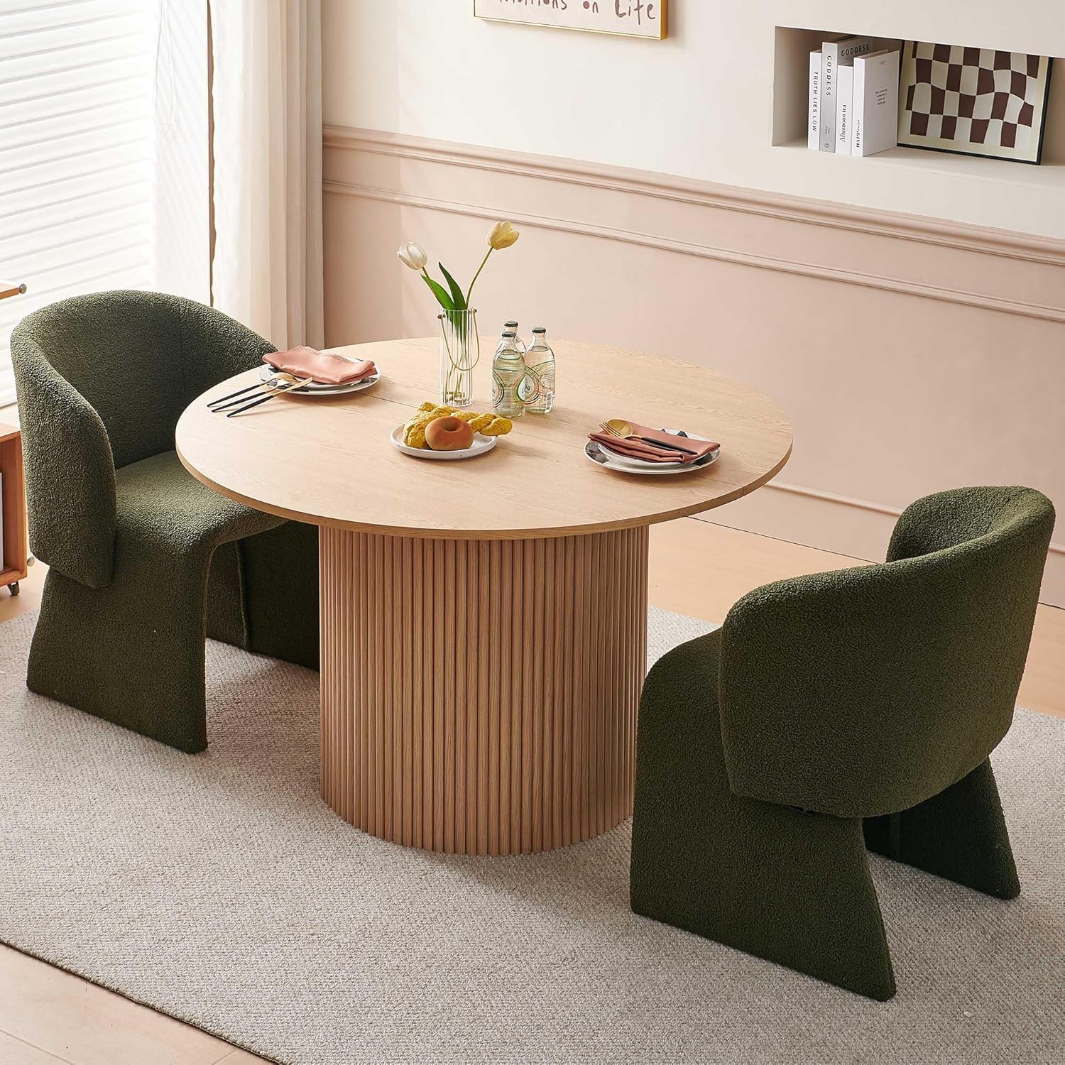 NORDICANA 3-Piece Round Dining Table Set for 2, Rustic 47-Inch Kitchen Table and Chair Set, Dining Set with Dark Green Upholstered Armchairs, Manufactured Wood Top with Oak Veneer