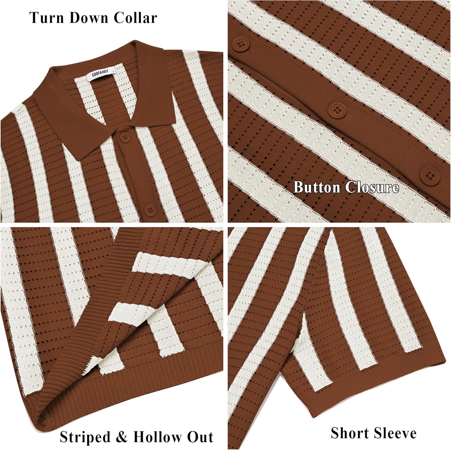 COOFANDY Men's Knit Shirts Short Sleeve Button Down Polo Shirt Striped Casual Summer Beach Shirts - Image 6