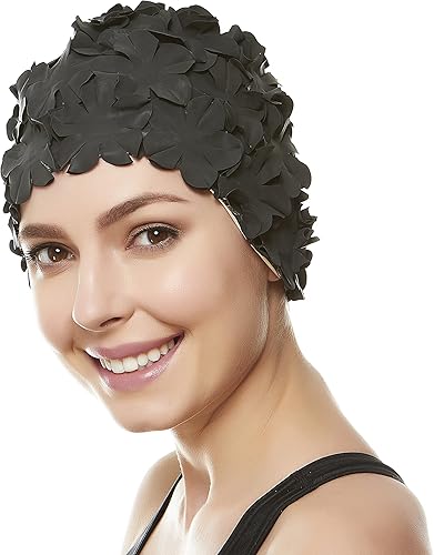 Miniatura 4 de BEEMO Floral Petal - Gorro de baño para mujer, estilo retro, para nadar con pelo largo y corto
