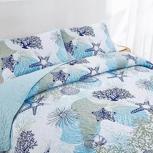Miniatura 4 de Dinjoy Juego de edredón costero tamaño individual, juego de ropa de cama con temática de playa azul océano y conchas coralinas, patrón de estrellas