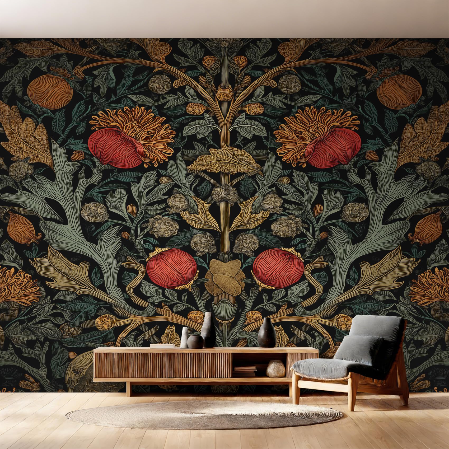 William Morris Wallpaper Dark Green, Vintage Floral Wall Paper for Bedrooms, Home Decor Photo Wallpaper for Living Room 450x315 Non-Woven Wall Mural W14
