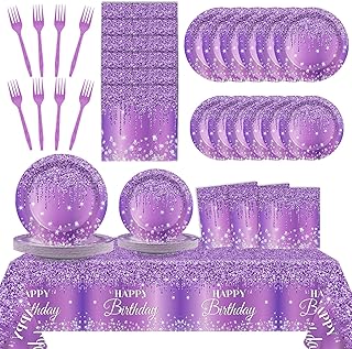 98 Pieces Purple Silver Birthday Party Decorations Purple Birthday Party Tablecloths Touchdown Happy Birthday Party Tableware Sets for Girls Women Silver Glitter Birthday Party Supplies
