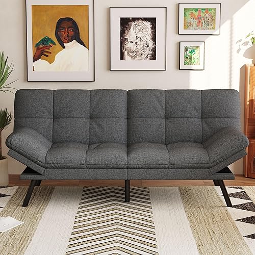 Miniatura 13 de Vyfipt Sofá cama tipo futón, sofá pequeño de espuma viscoelástica de piel sintética para sala de estar, sofá biplaza moderno con reposabrazos Negro