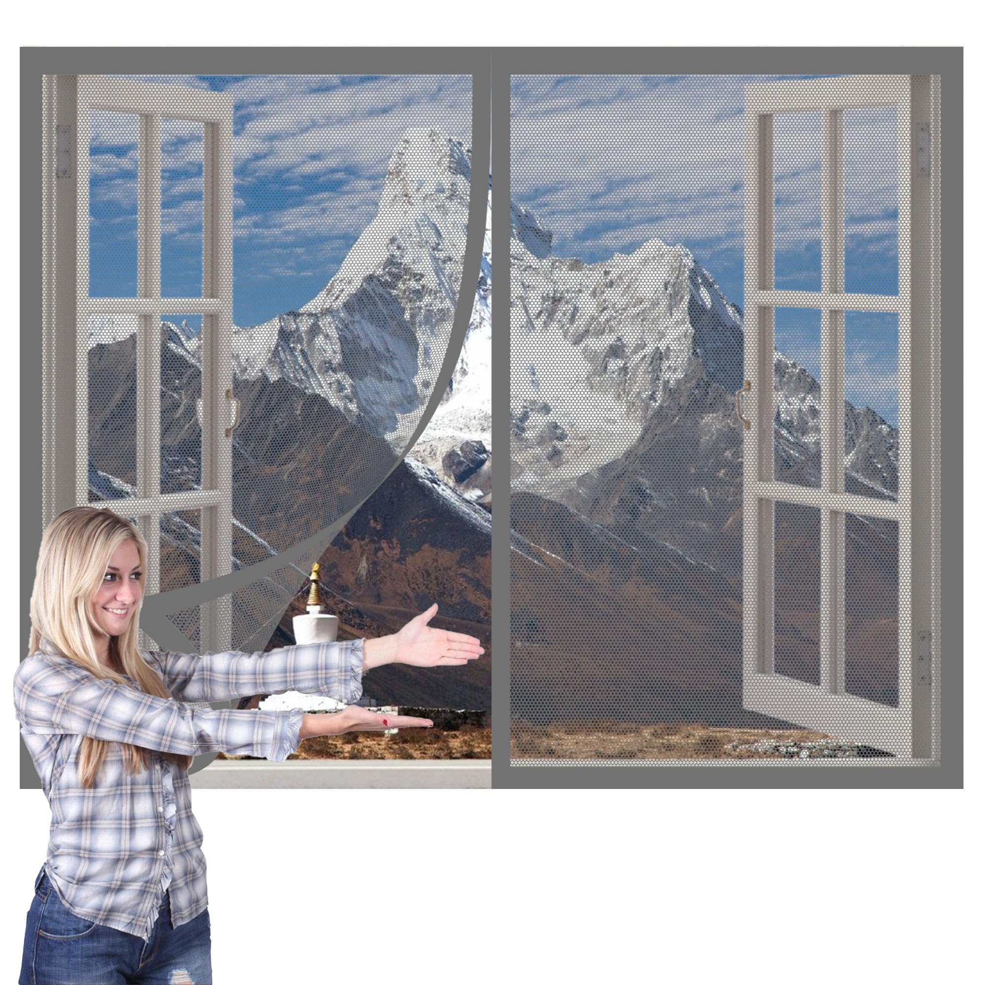 Magnetic Fly Screens Windows 90 x 90 cm with Selfadhesive Insect Mesh Mosquito Net Window Easy Installation for Windows Doors and Patio Screens, Grey