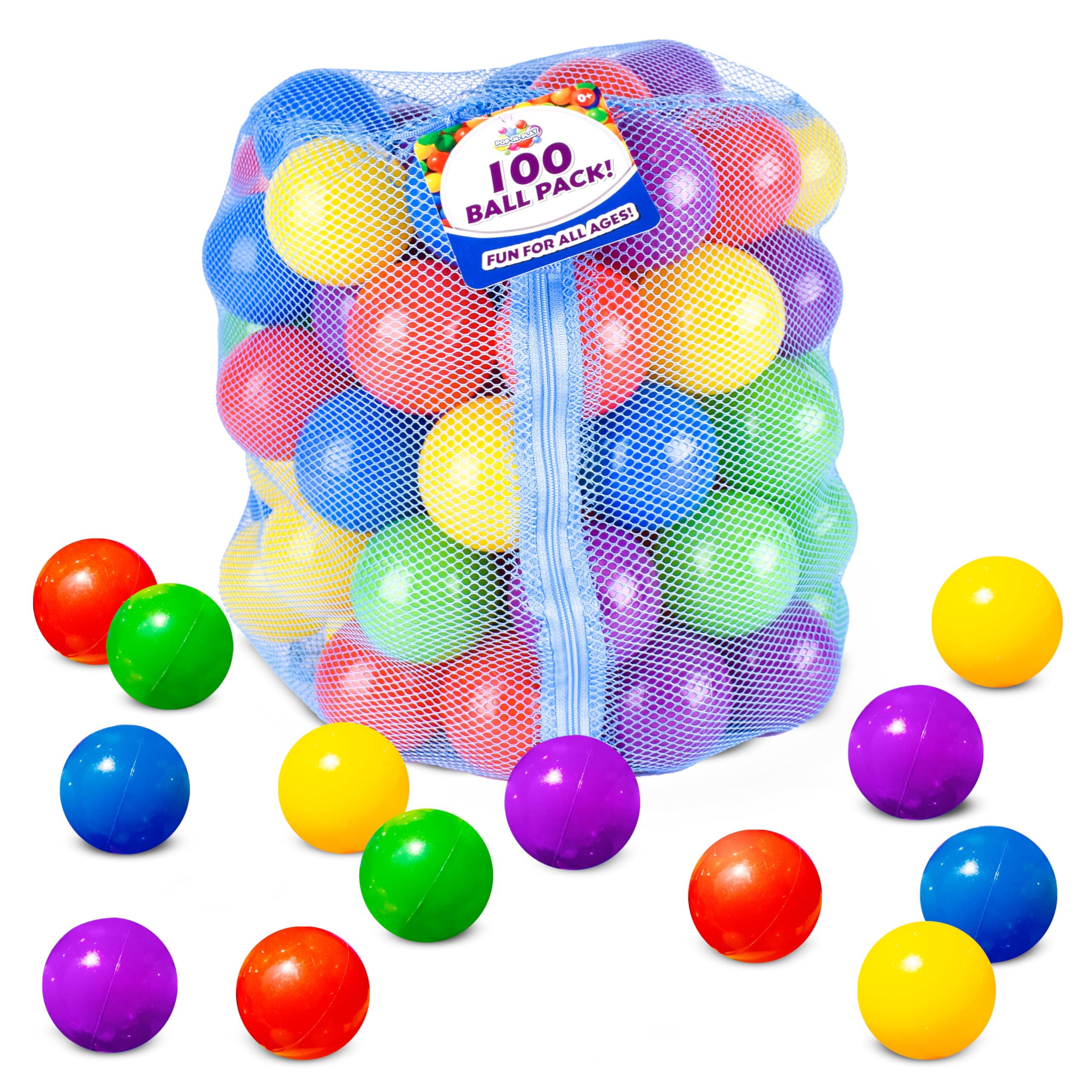Sunny Days Entertainment 100 Count Multi Colored Play Balls – Phthalate and BPA Free Non-Toxic Crush Proof Plastic Ball Pack - Balls for Toddler Ball Pit in Reusable Storage Bag with Zipper
