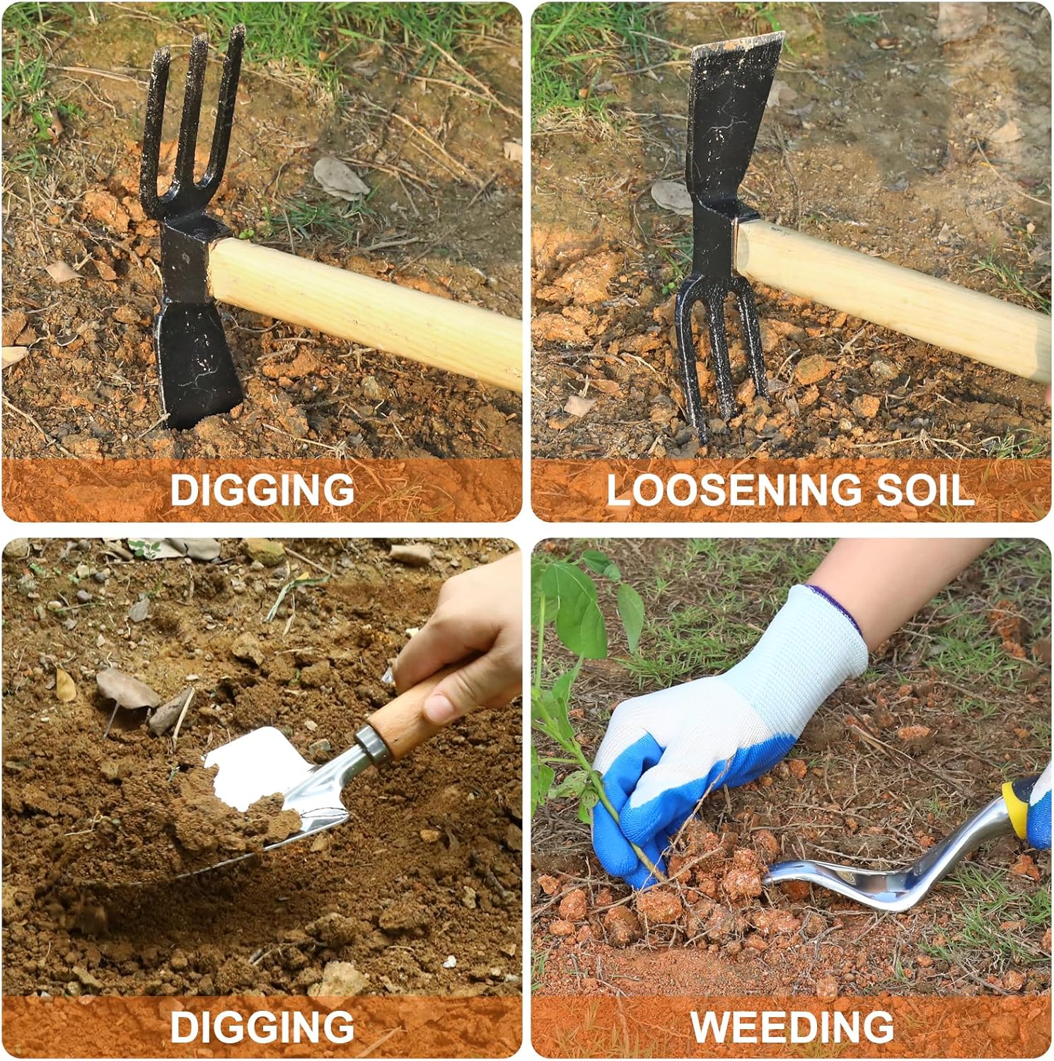 57 Inch Rotary Tiller 4-Piece Garden Tool Set with Adjustable Steel Poles - Lawn Soil Cultivator Kit for Gardening, Reseeding & Weeding