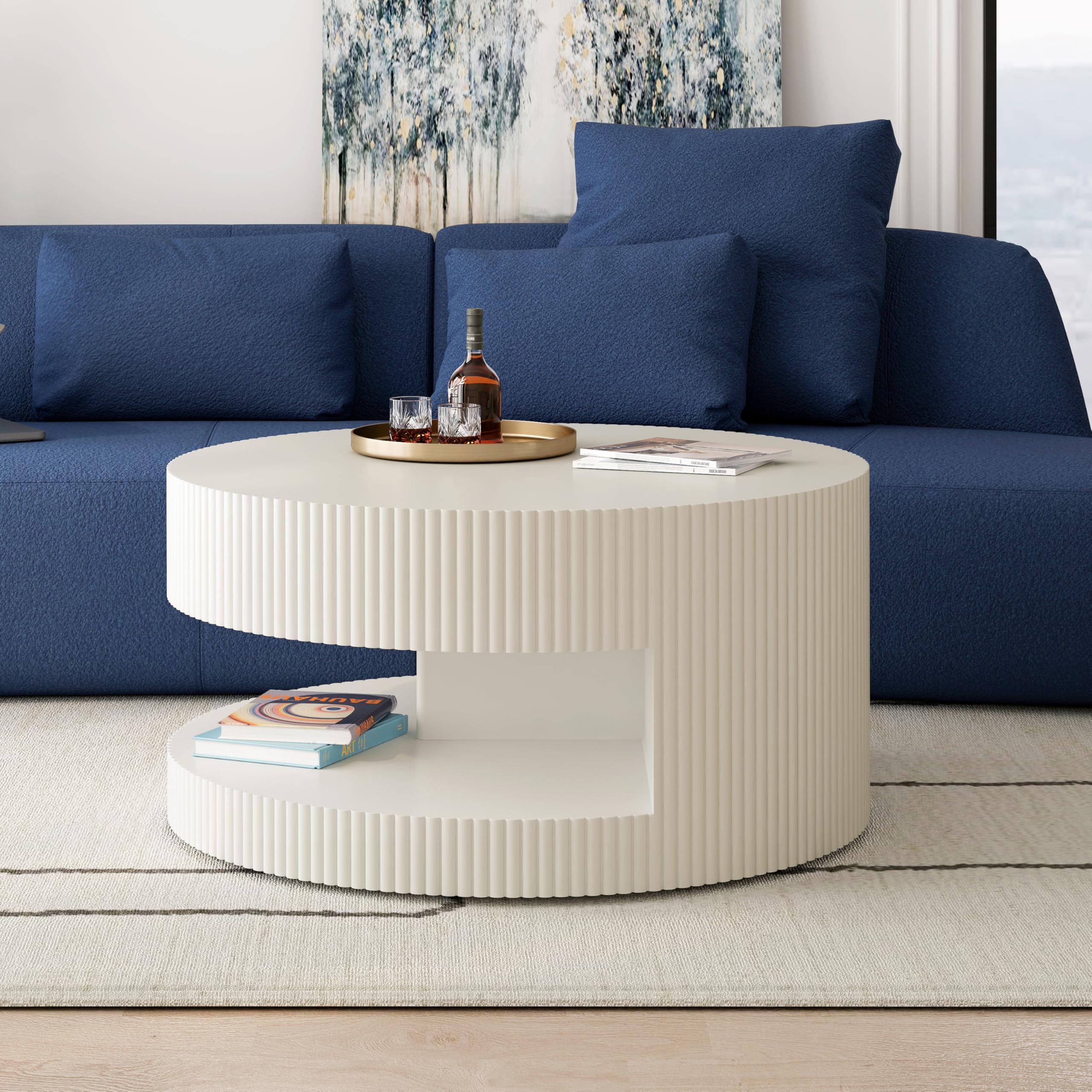 31.5'' Round Coffee Table with Storage, Vertical Stripe Design, MDF White, Two-Tier Small Space Living Room Bedroom Center Table, No Assembly, 110 lb Capacity