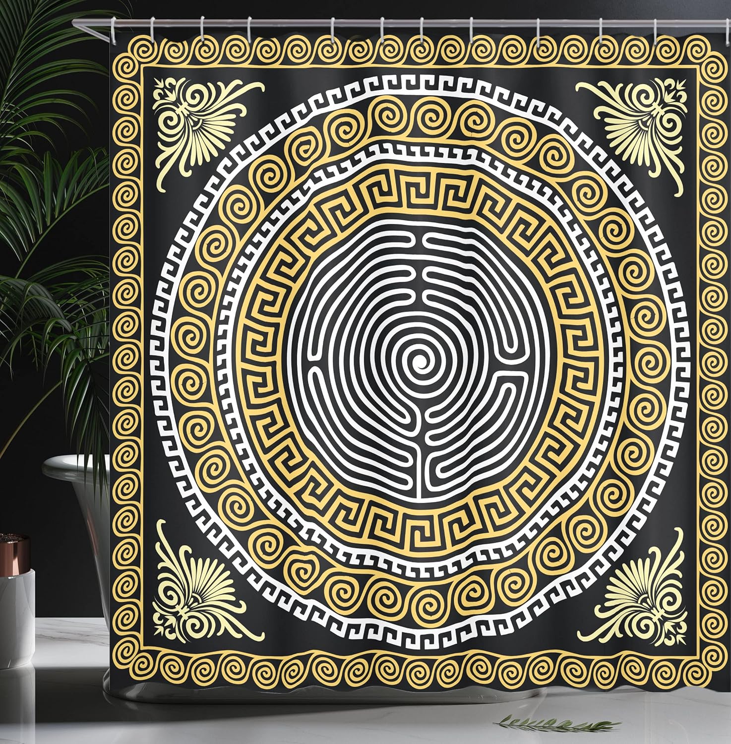 Ambesonne Greek Shower Curtain, Classical Pattern with Intricate Design Spiral Waves Frame and Maze, Cloth Fabric Bathroom Decor Set with Hooks, 69" W x 75" L, Pale Yellow White and Black