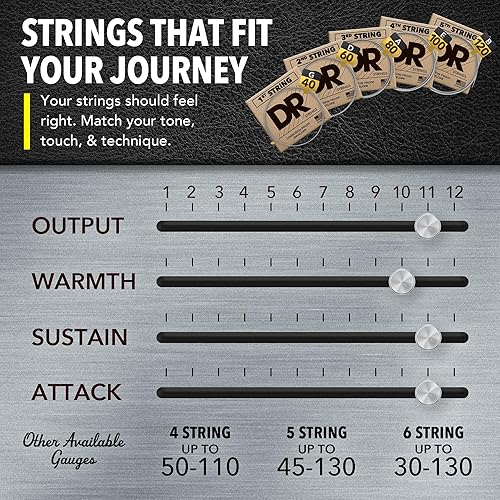 Miniatura 25 de DR Strings - Hi-Beams - Juego de Cuerdas de Bajo 4 Cuerdas - Mediano 45-105 - Núcleo Redondo de Acero Inoxidable - Accesorios para Bajo (MR-45)