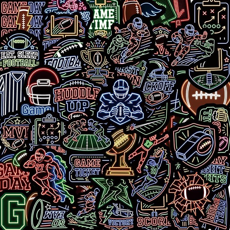 50 Pcs Neon Football Stickers, Waterproof Vinyl Stickers for Football Fans | Sports Stickers for Laptops, Water Bottles, Skateboards, Goodie Bags, Team Gifts, Boys, Girls, Teens and Fans