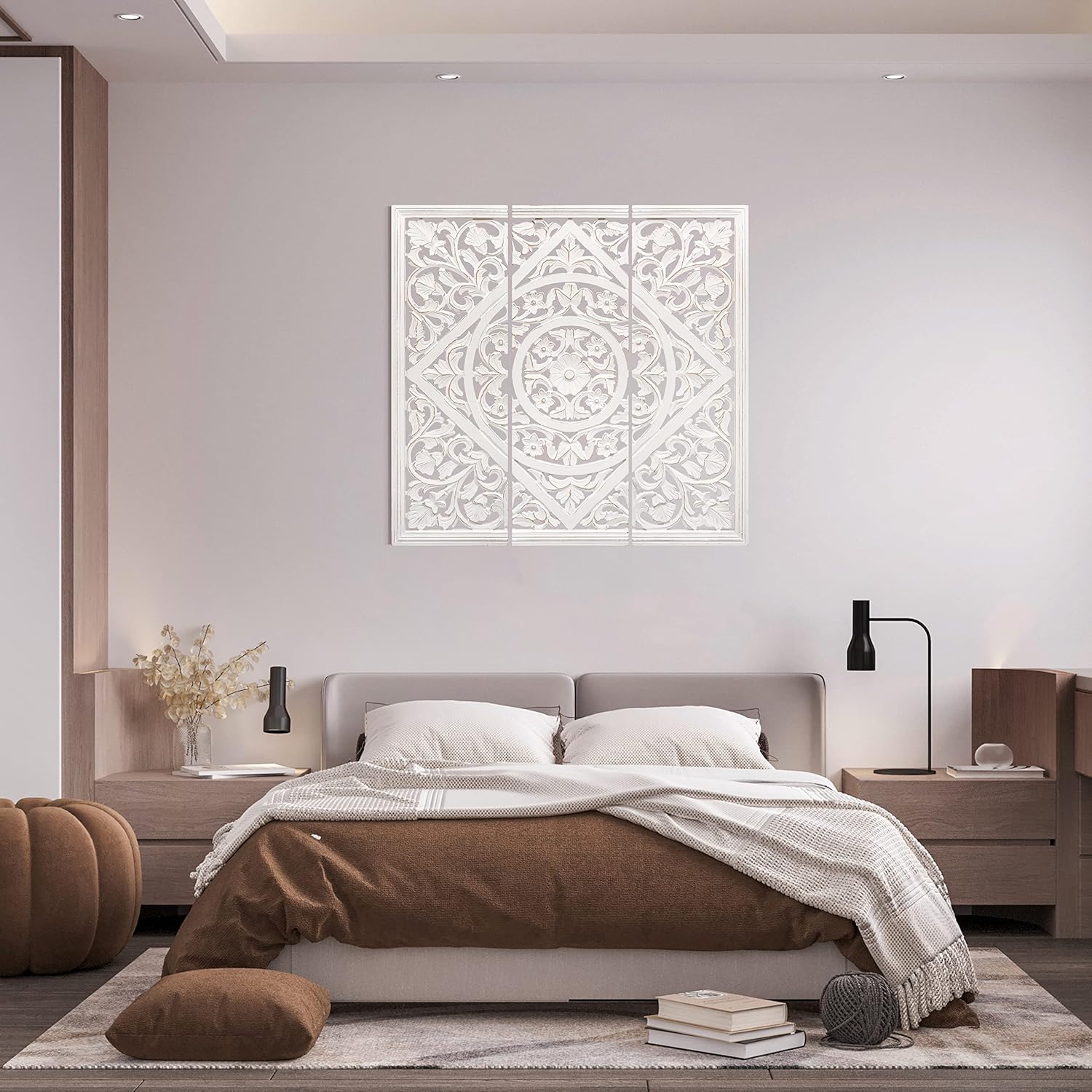Handmade Carved Wooden Wall Hanging Plaques Set of 3 - Large Size 36x12 Inch Elegant Floral Design Decorative Wall Hanging Panel for Farmhouse Living Room Bedroom Home Office - White Antique
